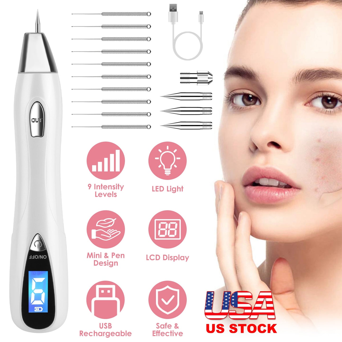 Skin Tag Remover Skin Tag Repair Kit Tattoo Freckle Wart Mole Remover Pen with 9 Intensity Levels 10 Fine Needles 3 Coarse Needles