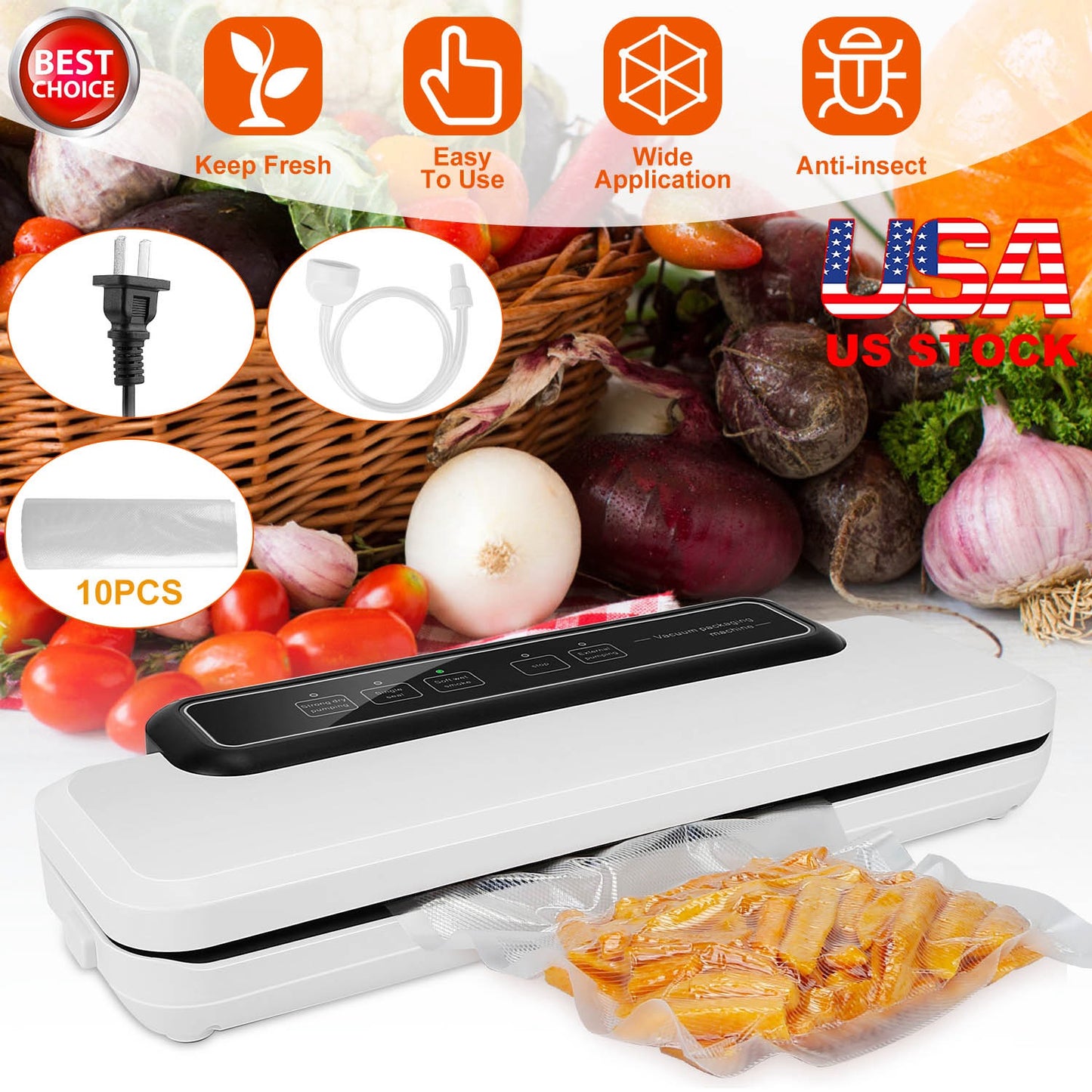 Electric Vacuum Sealer Machine Household Automatic Food Vacuum Sealer Quick Sealing System Machine For Fresh Food Dry Moist Food w/ 10Pcs Bags