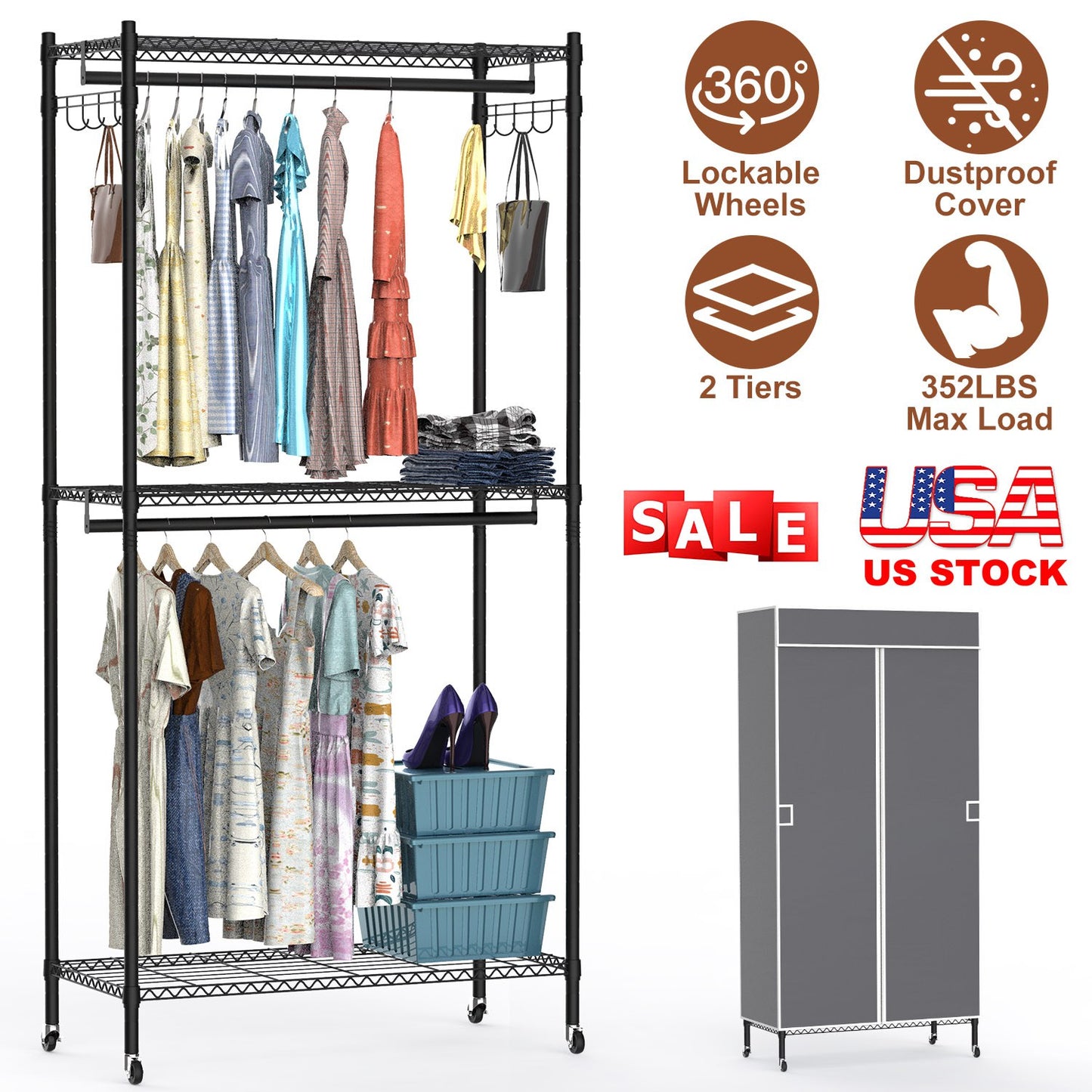2 Tier Clothing Rack With Cover Portable Wardrobe Closet Covered Garment Rack with 4 Wheels 2 Hanging Rods 2 Hook Racks 35.43x17.13x72.44in
