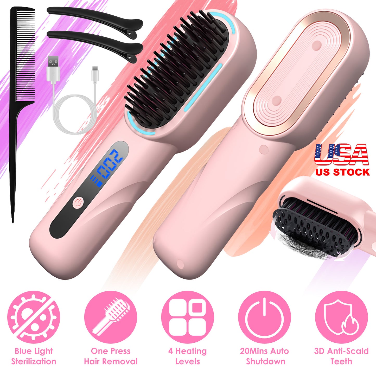 Cordless Hair Straightener Brush Rechargeable Mini Styling Comb with 4 Heating Levels Blue Light Sterilization Single press Stray Hair Removal 20Mins