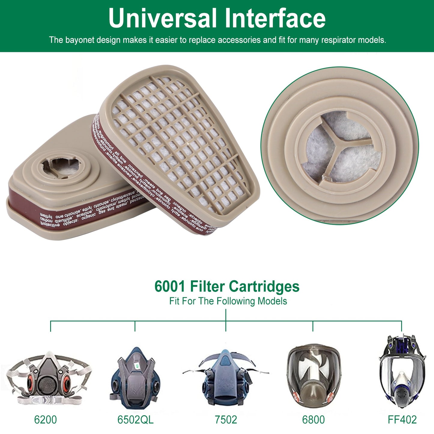 2Pcs 6001 Filter Cartridges Replacement 6001 Organic Vapor Cartridge for Gas Respirator Fit for 6200/7501/7502/6502/6800