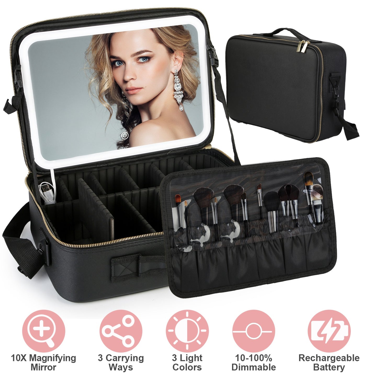 Travel Makeup Bag with LED Mirror Makeup Case Organizer with 3 Light Colors Adjustable Dividers Brush Holder Magnifying Mirror Shoulder Strap Luggage