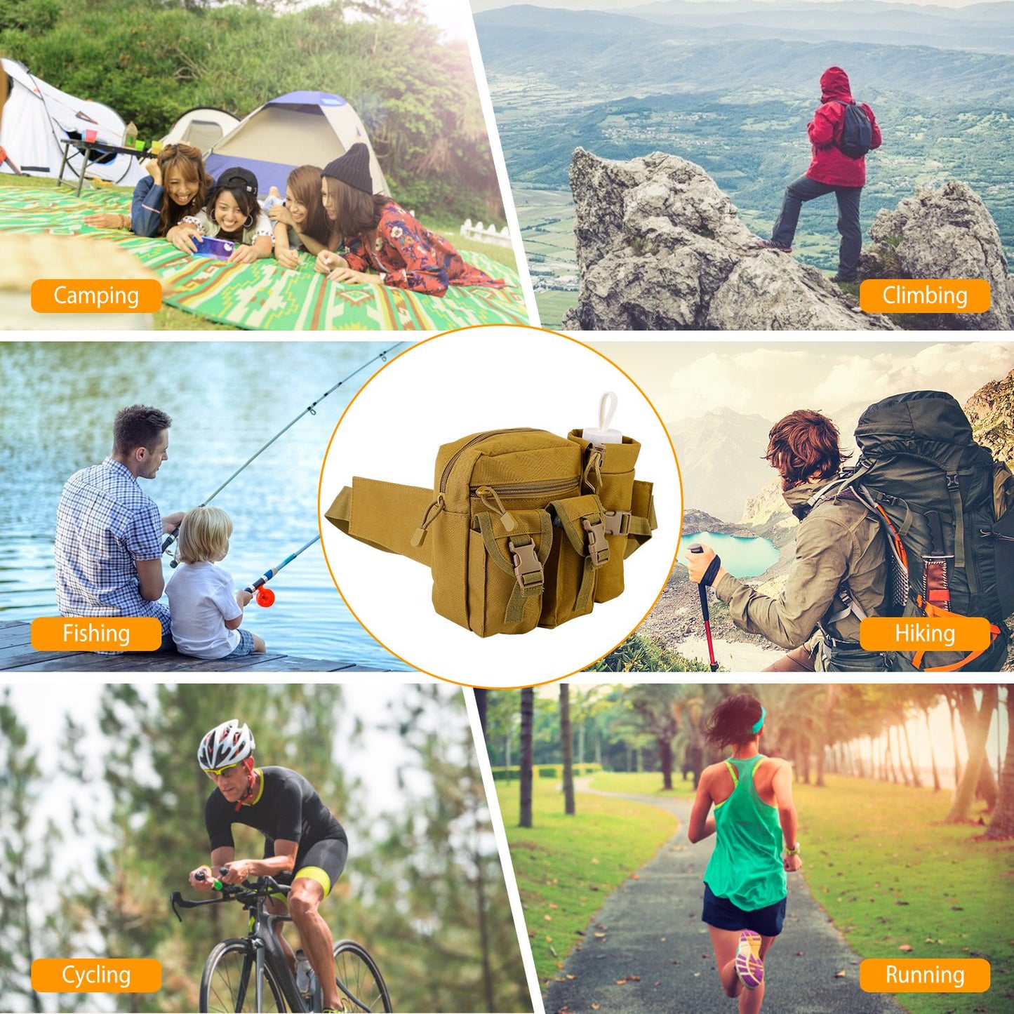 Tactical Waist Bag Utility Pouch Military Hiking Belt Bag w/ Water Bottle Pouch For Fishing Mountaineering Camping Hunting Running Outdoor