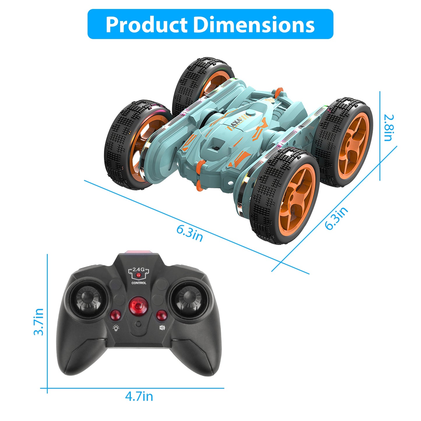 Kid Driving RC Stunt Car 7 Color Strip Light Dynamic Music Swing Arm Double-sided Rolling Remote Control Car Off Road 2.4GHz 4WD Rechargeable Racing