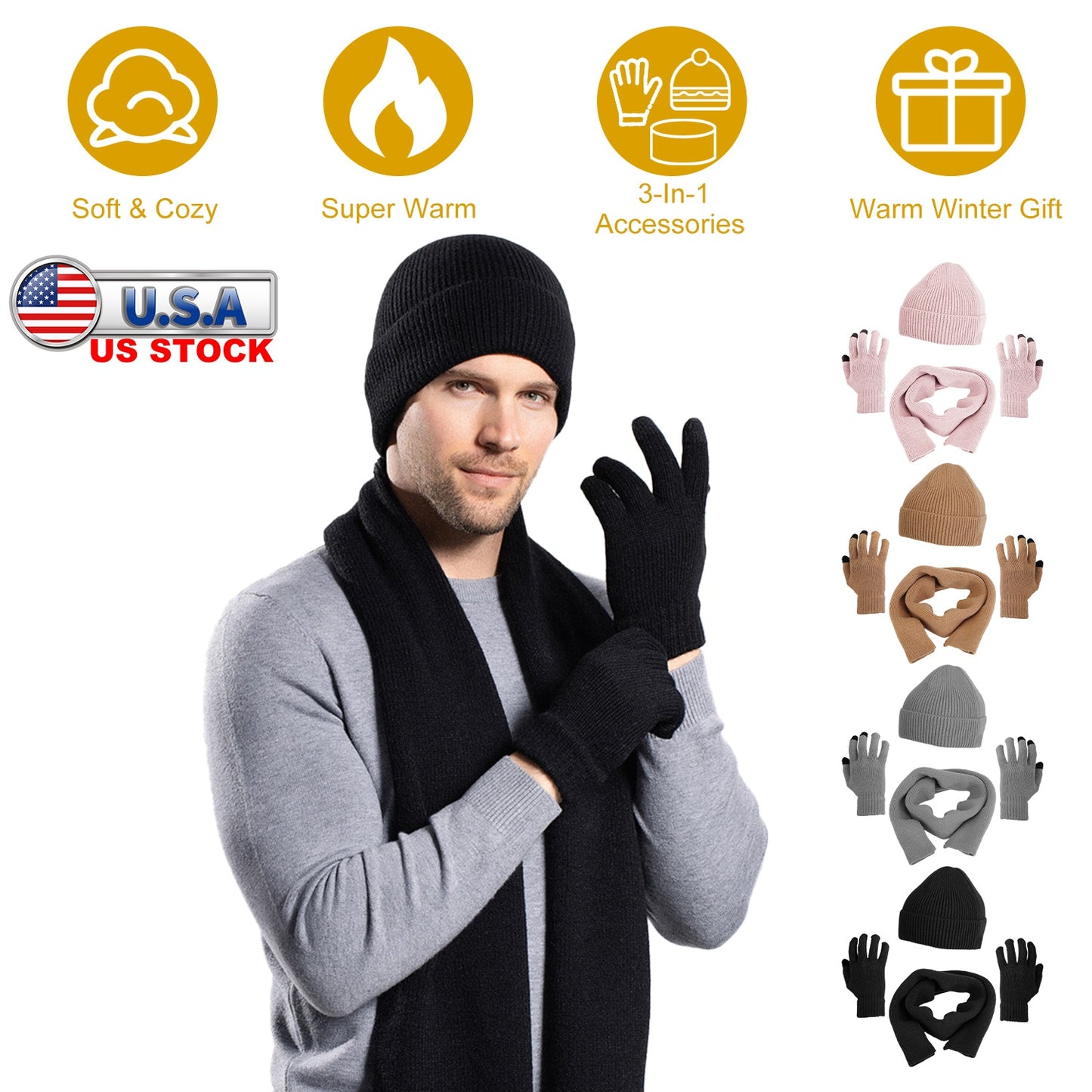 Winter Knitted Hat Scarf Gloves 3Pcs Winter Warm Beanie and Touch Screen Gloves Long Neck Scarf Set Knit Beanie Skull Cap Neck Warmer Anti-Slip Mitten