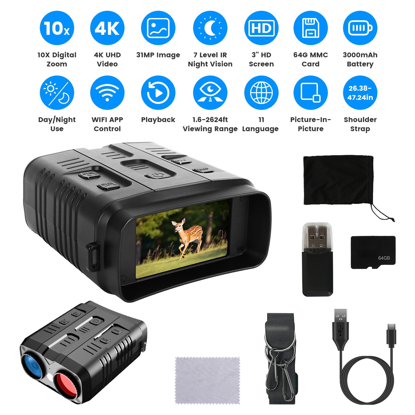 Night Vision Goggles 4K Full-Color BinocularsÊ10XÊZoom with 2624ft Viewing Range 3\'\' Screen 64G MMC Card WIFI APP Control Save Photo and Video for C
