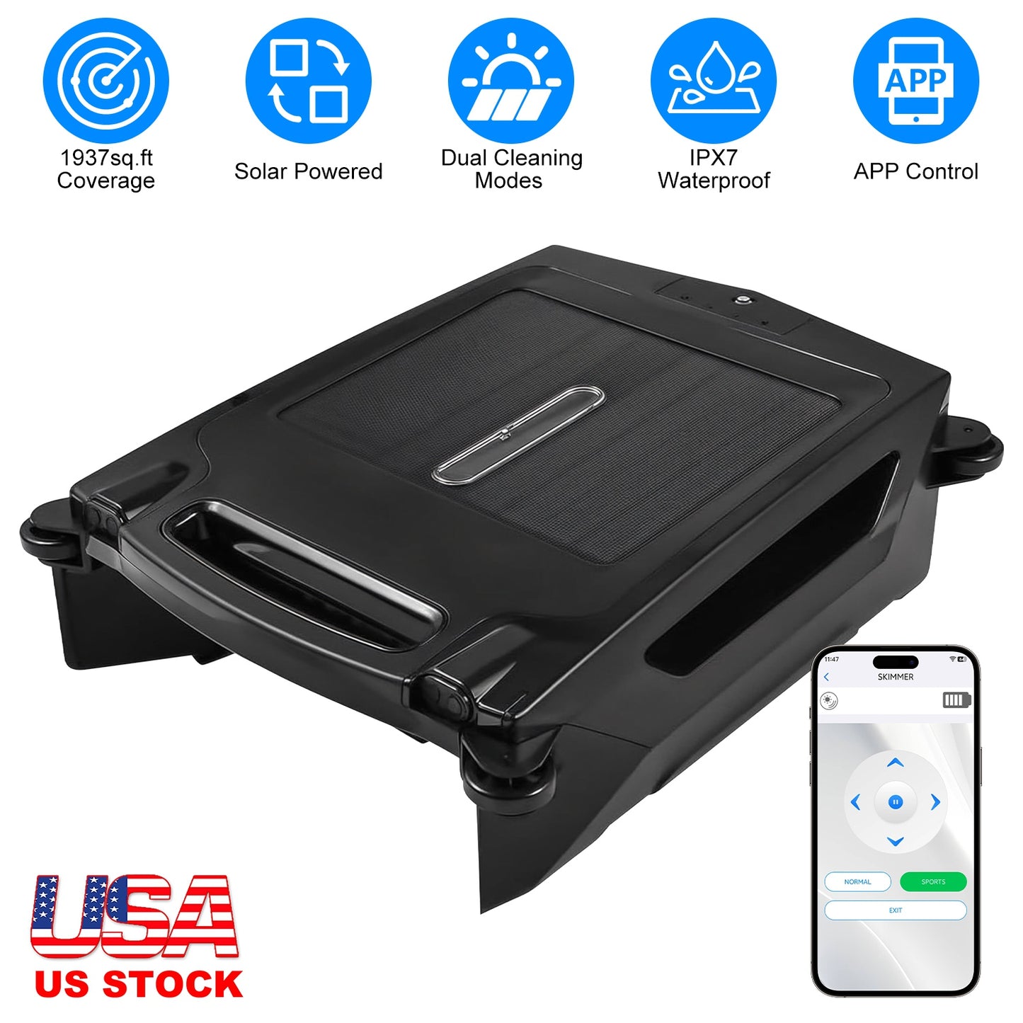 Solar PoweredÊRobotic Pool SkimmerÊAutomatic Swimming Pool Surface Cleaner with 2 Cleaning Modes Dual Charging Methods IPX7 Waterproof 1937sq.ft Cover