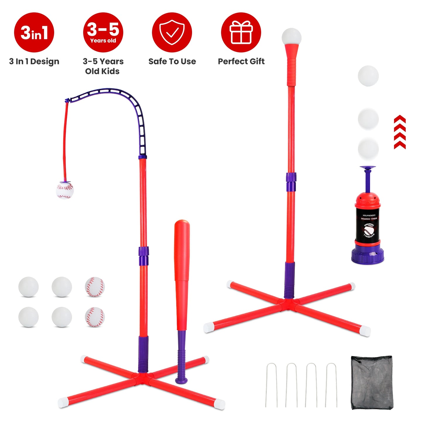 3-In-1 Baseball Toy Set For 3-5Years Old Kids And Toddlers Includes Tee Ball Stand Hanging Tee Automatic Ball Launcher with Adjustable Height For Indo