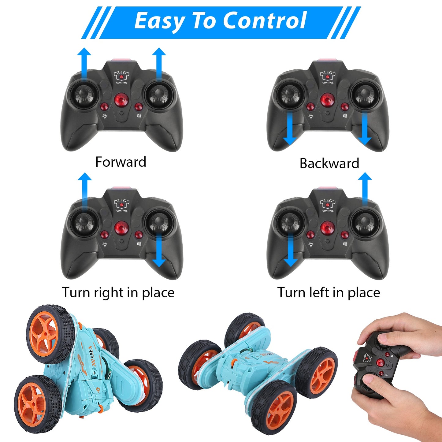 Kid Driving RC Stunt Car 7 Color Strip Light Dynamic Music Swing Arm Double-sided Rolling Remote Control Car Off Road 2.4GHz 4WD Rechargeable Racing