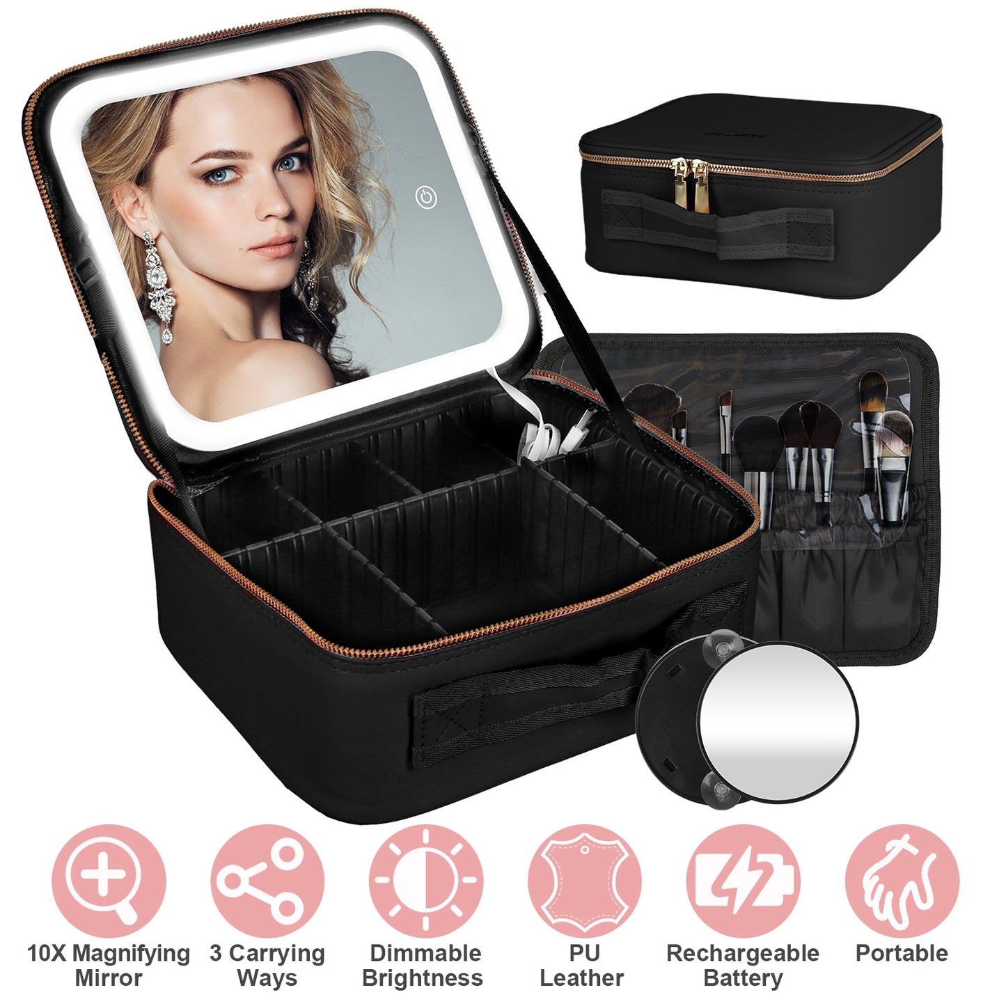 Travel Makeup Bag with LED Mirror Makeup Case Organizer with 3 Light Colors Adjustable Dividers Brush Holder Magnifying Mirror Dimmable USB Rechargeab