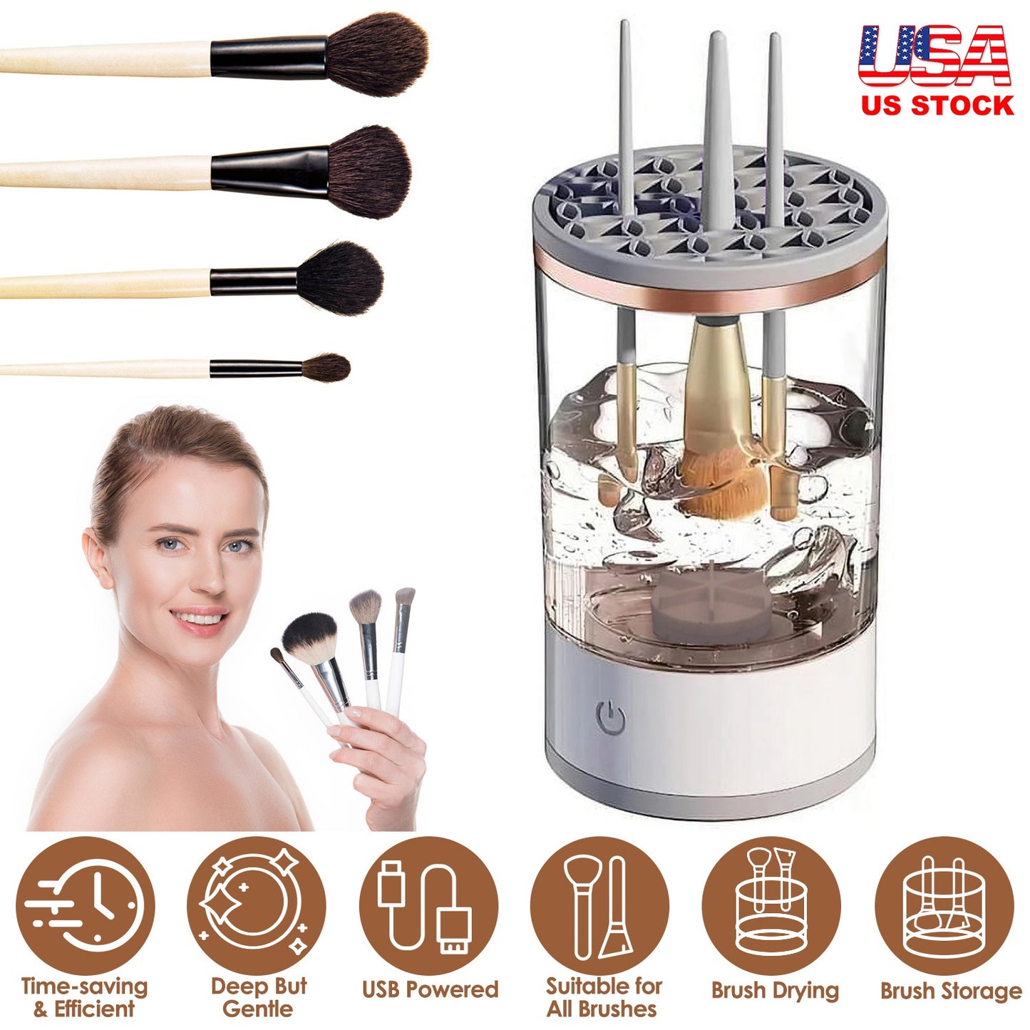 3 In 1 Makeup Brush Blender Cleaner Automatic Makeup Brush Cleaner Machine USB Powered Brush Drying Storage Suitable For All Types of Brushes