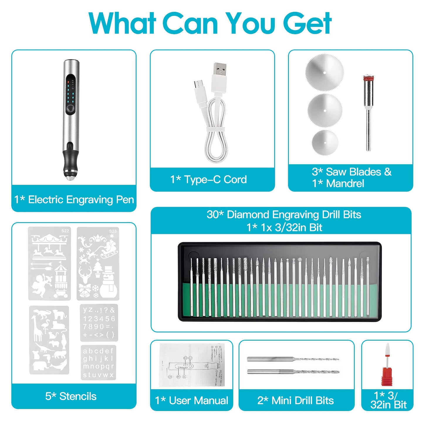 Electric Engraving Pen with 33Pcs Burr Bits 5Pcs Stencils 3 Gears Speed Rechargeable Cordless Professional Engraver Etching Machine For Jewelry Glass