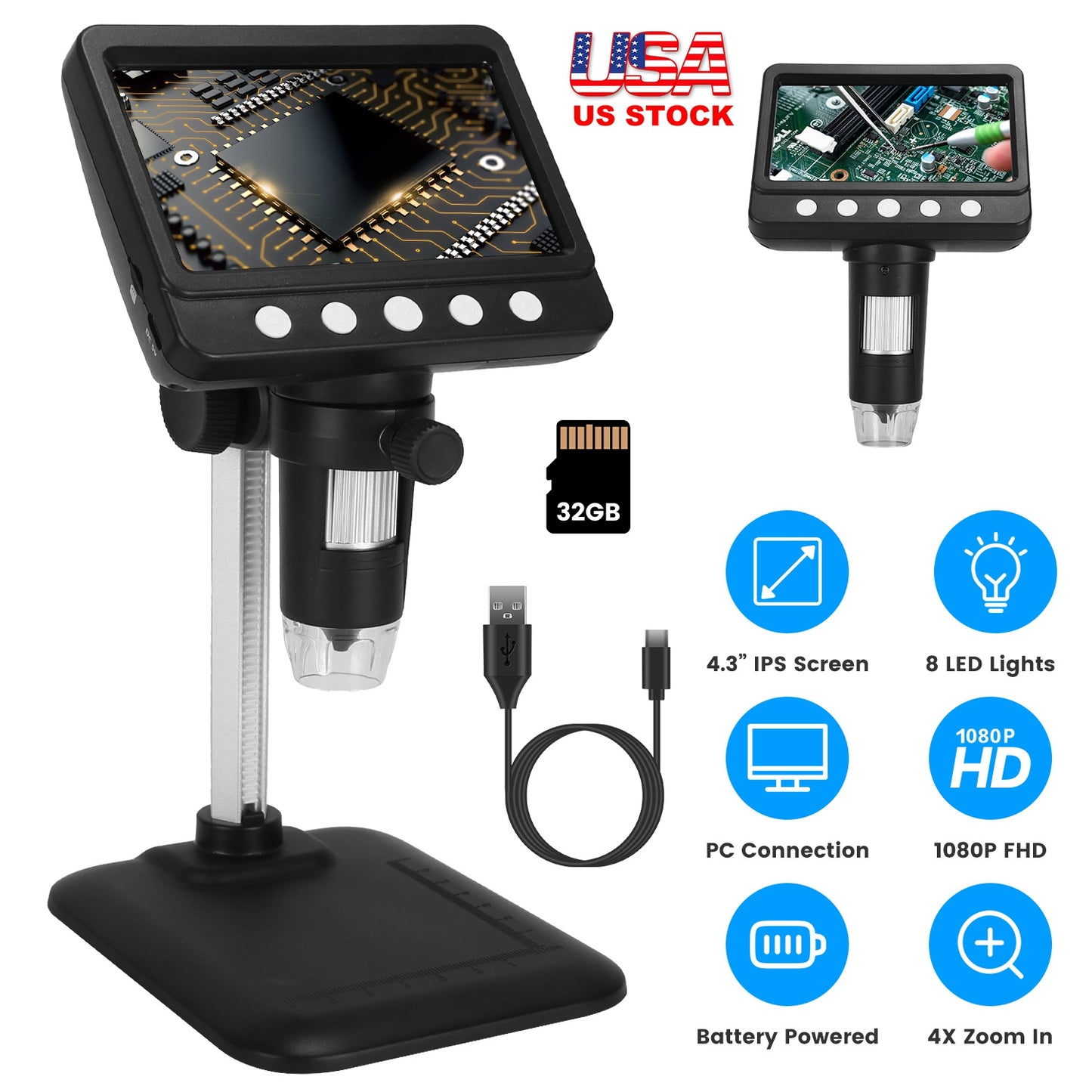 4.3Inch LCD Digital Microscope 1000X 1080P Photo Video Error Coin Magnifier with 8 Dimmable LED Lights PC Views Compatible with MacOS Windows Included