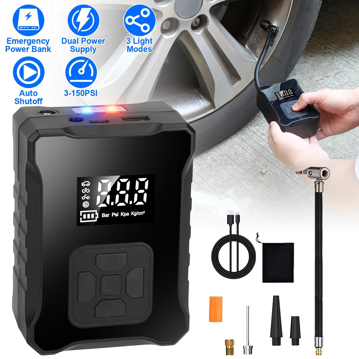 150PSI Cordless Tire Inflator Digital Air Compressor with LED Light Emergency Power Bank for Cars Motorcycles Bicycles Balls