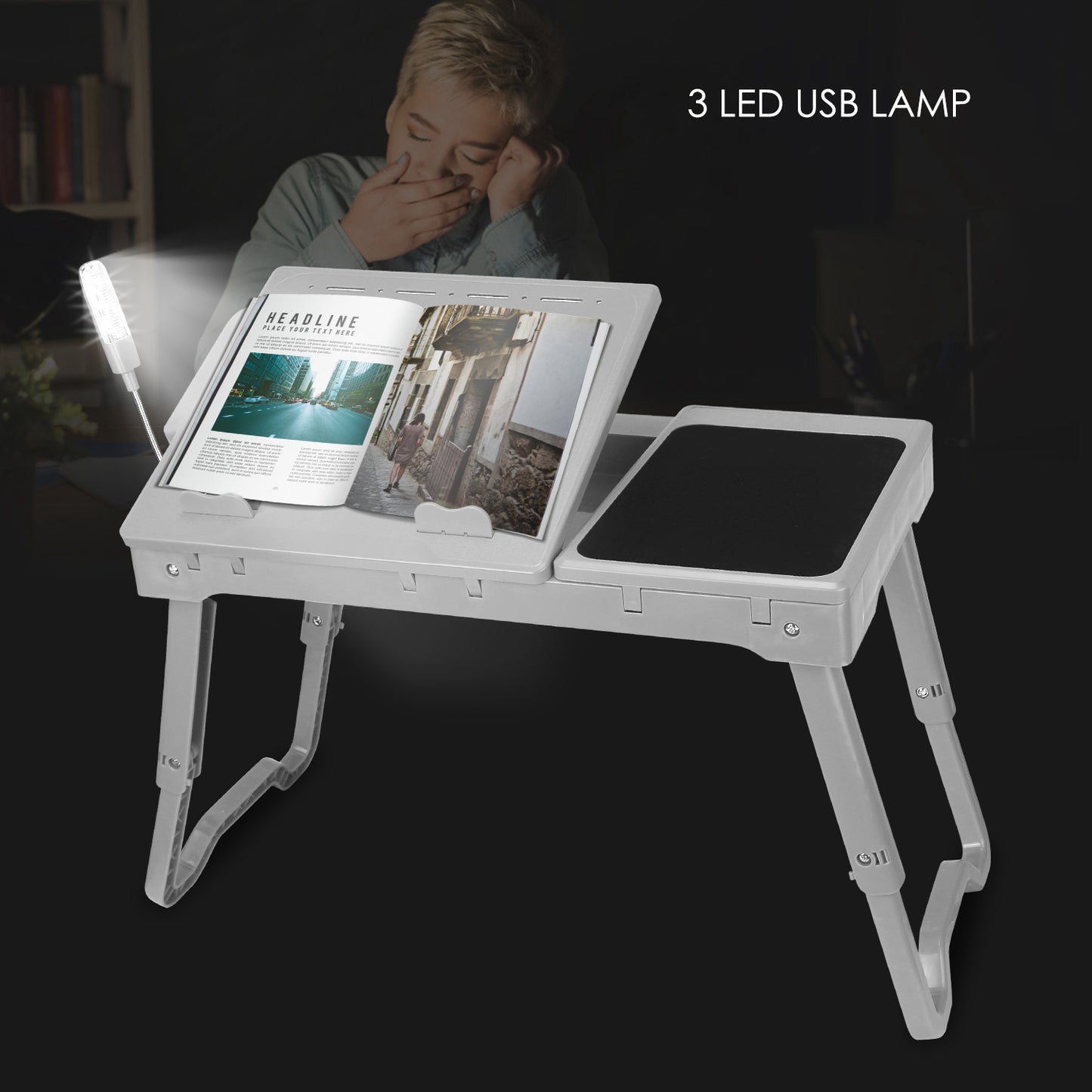 Foldable Laptop Table Bed Notebook Desk w/Cooling Fan Mouse Board LED light 4 x USB Ports Breakfast Snacking Tray with Storage Groove For Home Office