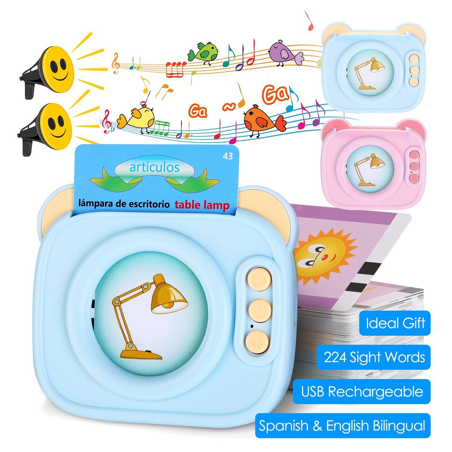 Spanish & English Talking Flash Cards 224 Sight Words Bilingual Flash Cards Rechargeable Card Early Education Device Educational Toy for Boys Girls Ag