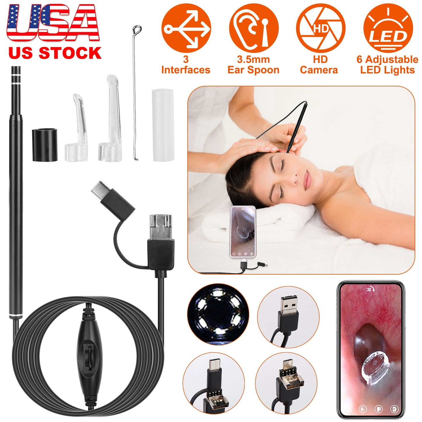 Ear Endoscope Wax Remover Tool HD Remover Ear Pick Camera Otoscope Cleaner Spoon with 6Pcs LED Lights