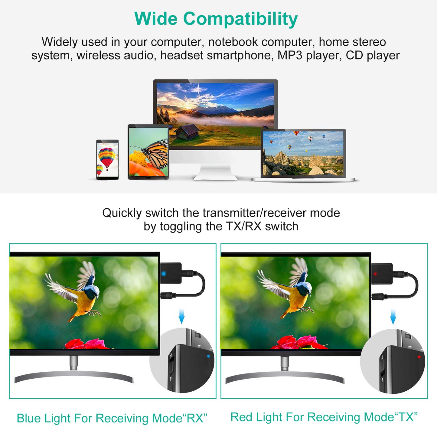 3 IN 1 Wireless V5.0 USB Audio Transmitter Receiver EDR Adapter Music Streaming For TV PC Headphones Car w/ 3.5mm Cable
