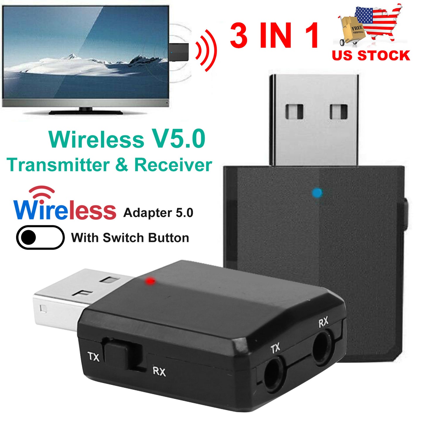 3 IN 1 Wireless V5.0 USB Audio Transmitter Receiver EDR Adapter Music Streaming For TV PC Headphones Car w/ 3.5mm Cable