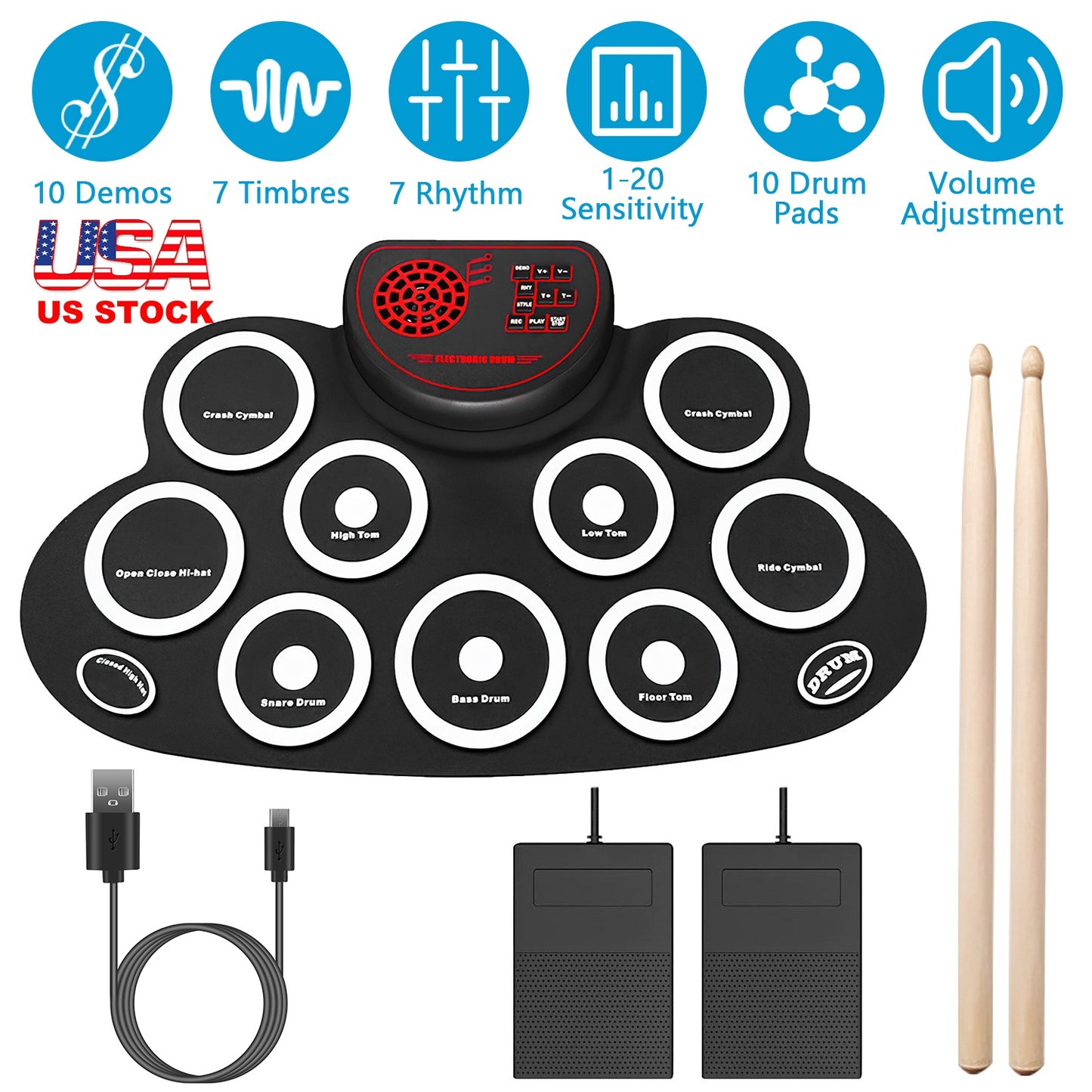 10 Pads Electric Drum Set Foldable 10-Drum SiliconÊDrum Kit Foldable Electronic Drum Pad Machine with Drum Sticks Headphone Jack Speaker Battery Dual-