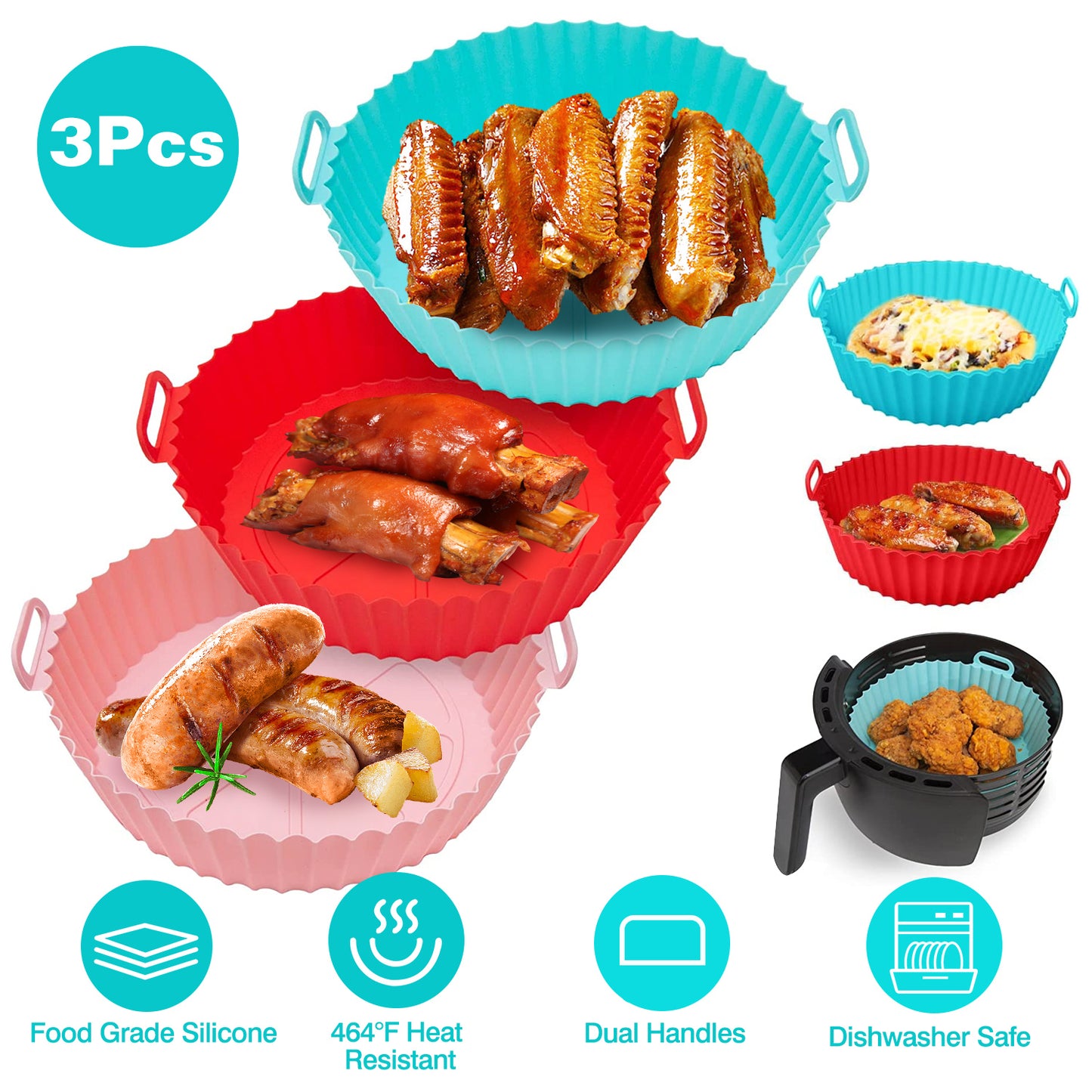 3Pcs Reusable Foldbale Air Fryer Silicone Pot 464¡F Heat Resistant Round Replacement of Parchment Liners 3 Food Grade Baking Basket Pans for 4+Quart A