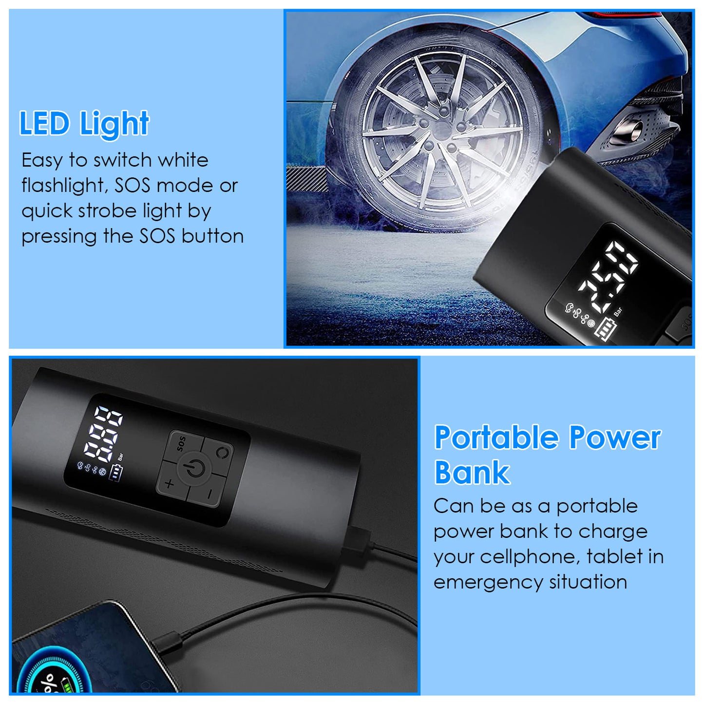 150PSI Cordless Car Tire Pump 6000mAh Rechargeable Tire Inflator Portable Air Compressor for Car Bike Motorcycle Ball