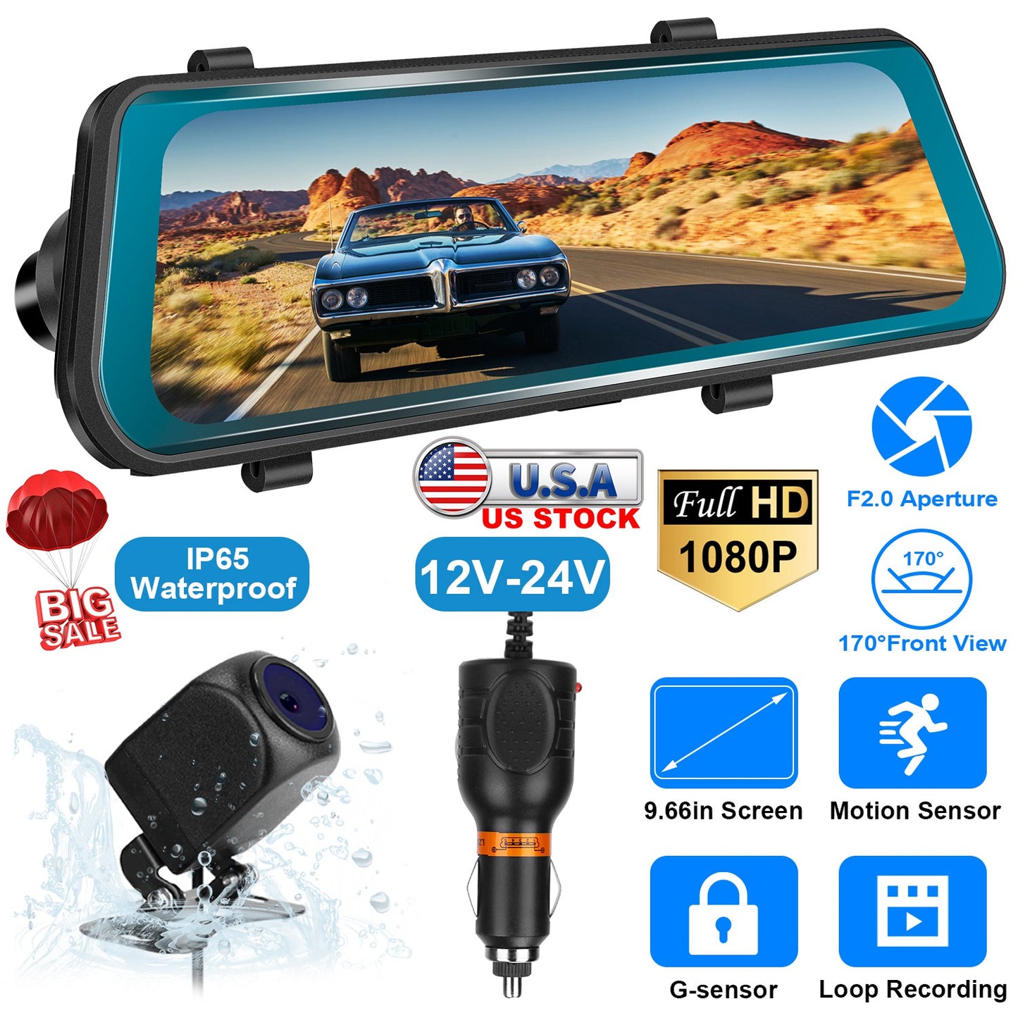 FHD 1080P Car DVR Dash Camera 9.66In Vehicle Driving Recorder w/ G Sensor Parking Monitoring Seamless Recording