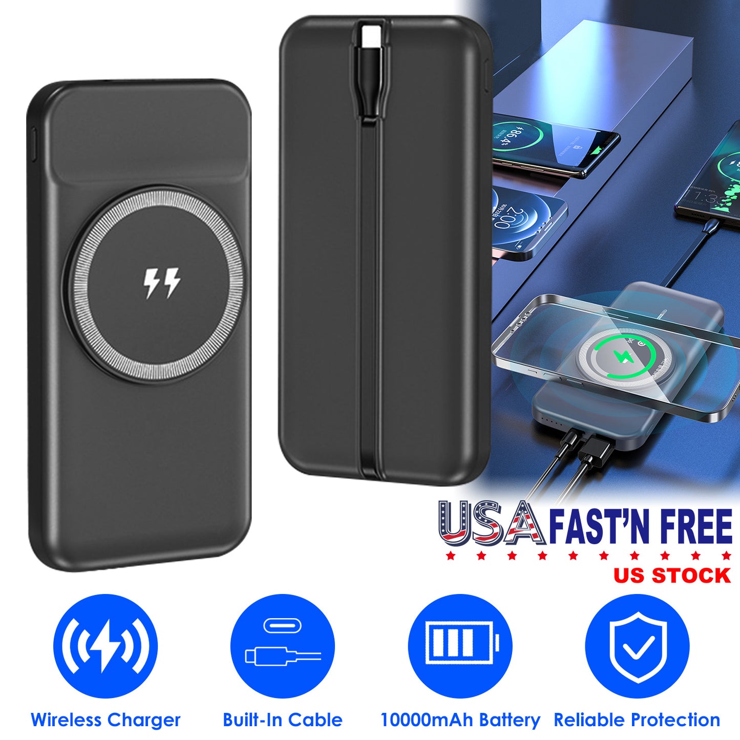 10000mAh 22.5W Magnetic Wireless Power Bank PD Fast Charging Portable Charger with Built-in Type-C Cables 15W Wireless Charging