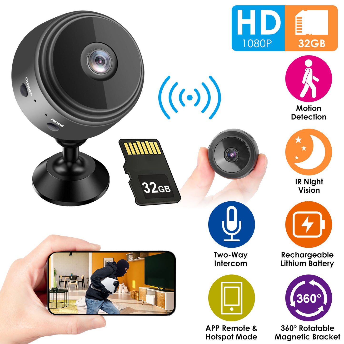 Mini CameraÊWireless Wifi IP Home Security Cam 1080P Full HD Surveillance Camera Nanny Cam w/ 32G MMC Card