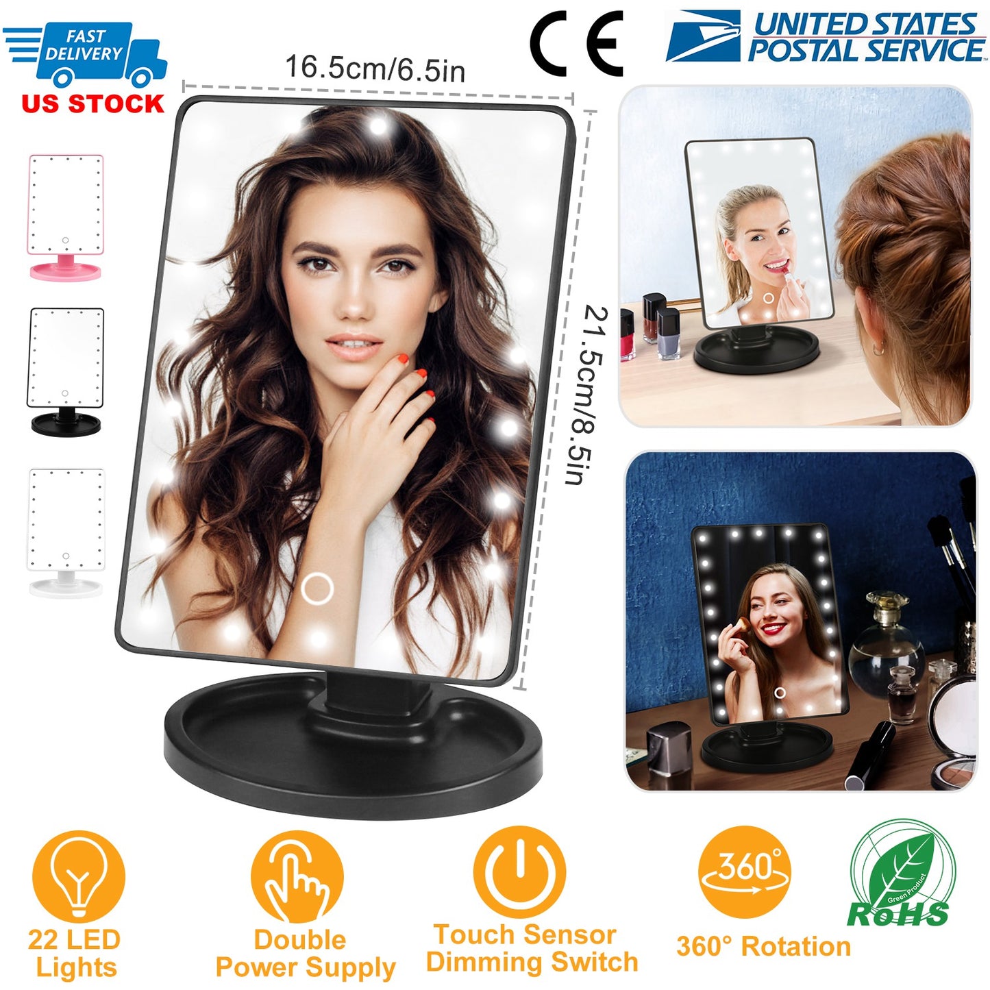 22 LED Lights Rechargeable Cosmetic Mirror 180¡ Rotation Makeup Mirror Touch Control Dimmable Vanity Mirror
