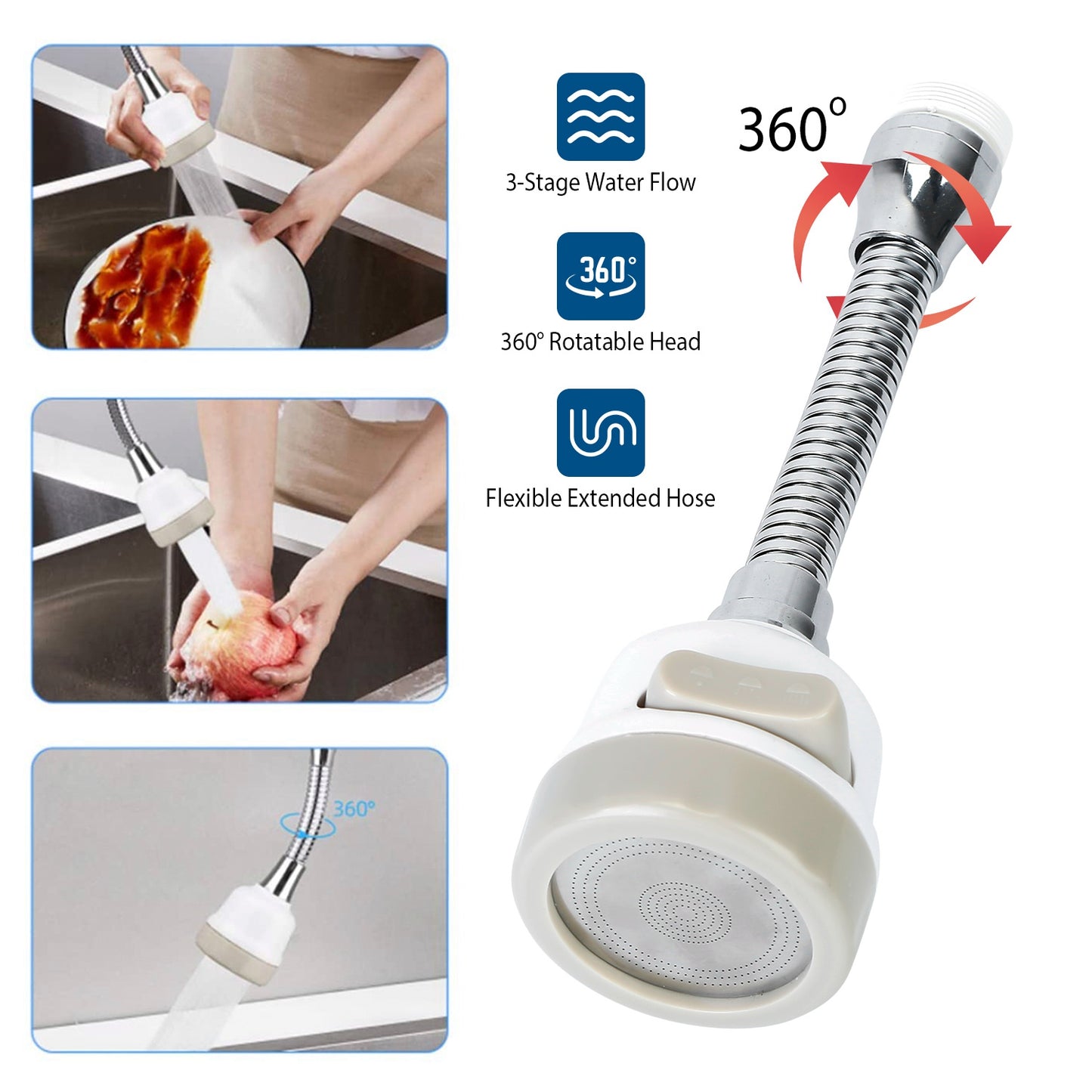 Movable Kitchen Tap Head 360¡ Rotatable Swivel Water-Saving Faucet Anti-Splash Sink Tap Head Spray Aerator w/ Three Modes Flexible Extended Hose For H