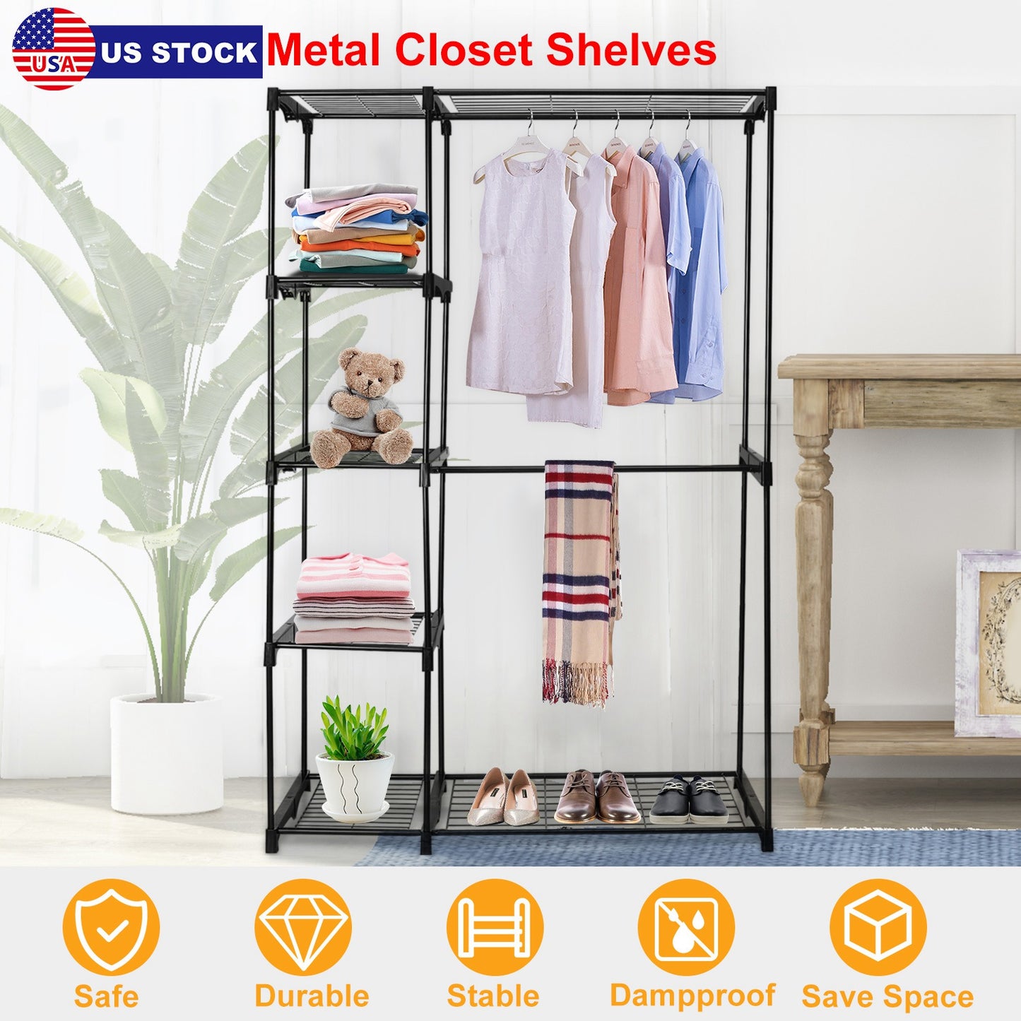 Metal Closet Deluxe Double Rod Freestanding Closet Clothes Storage Organizer Coat Storage Wardrobe Metal Shoes Storage Rack with 5-Tier Wire Shelving