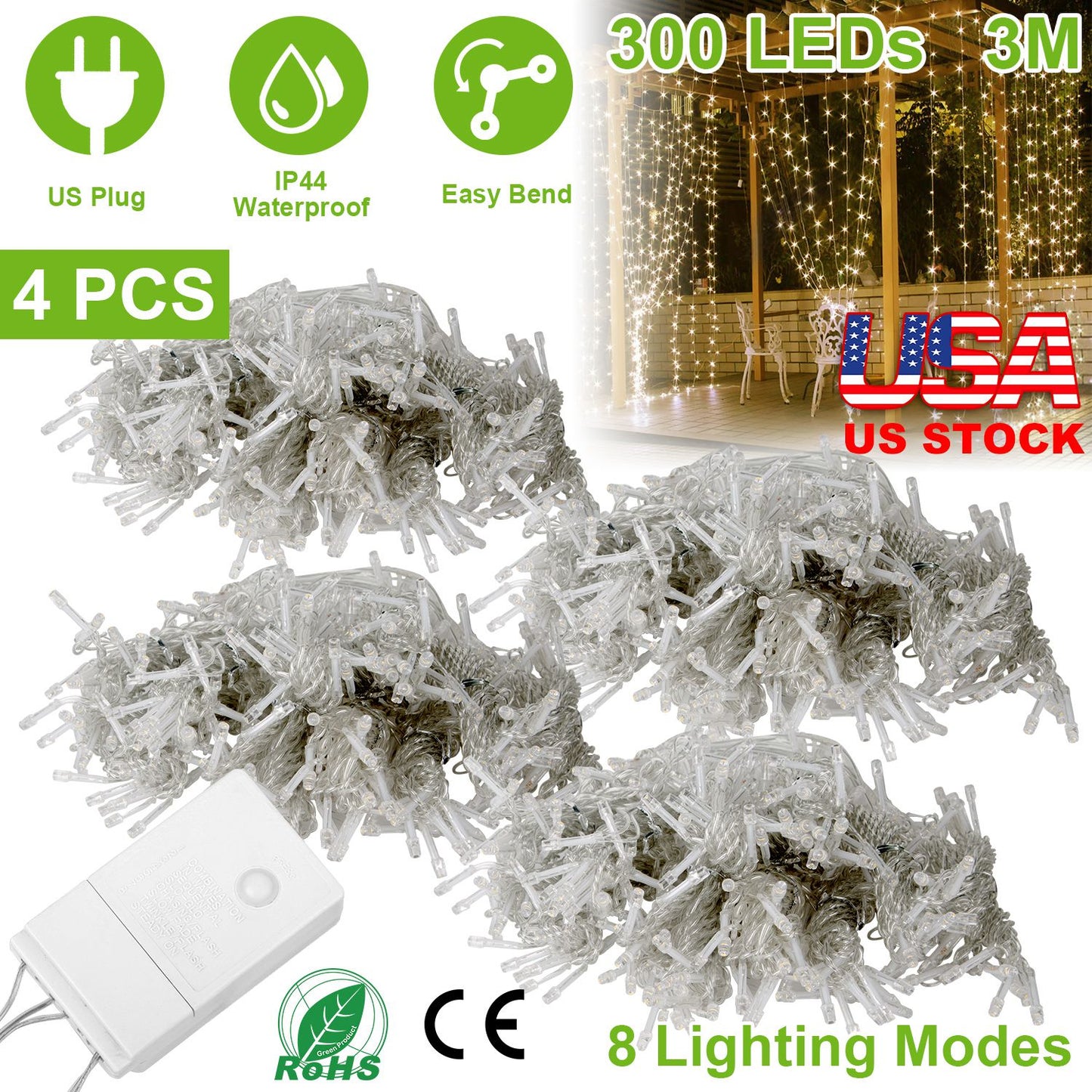 3M 300 LEDs String Curtain Light IP44 String Fairy Lights Party Xmas Decor Lamps W/ Remote
