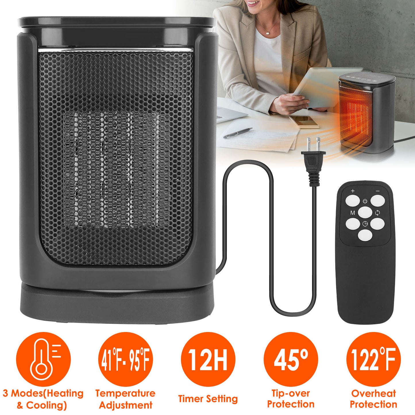 1500W Electric Space Heater Ceramic Heater Fan 90¼Oscillating Heating Fan with 3 Modes Remote Control Digital Display Tip-over Overheating Protection