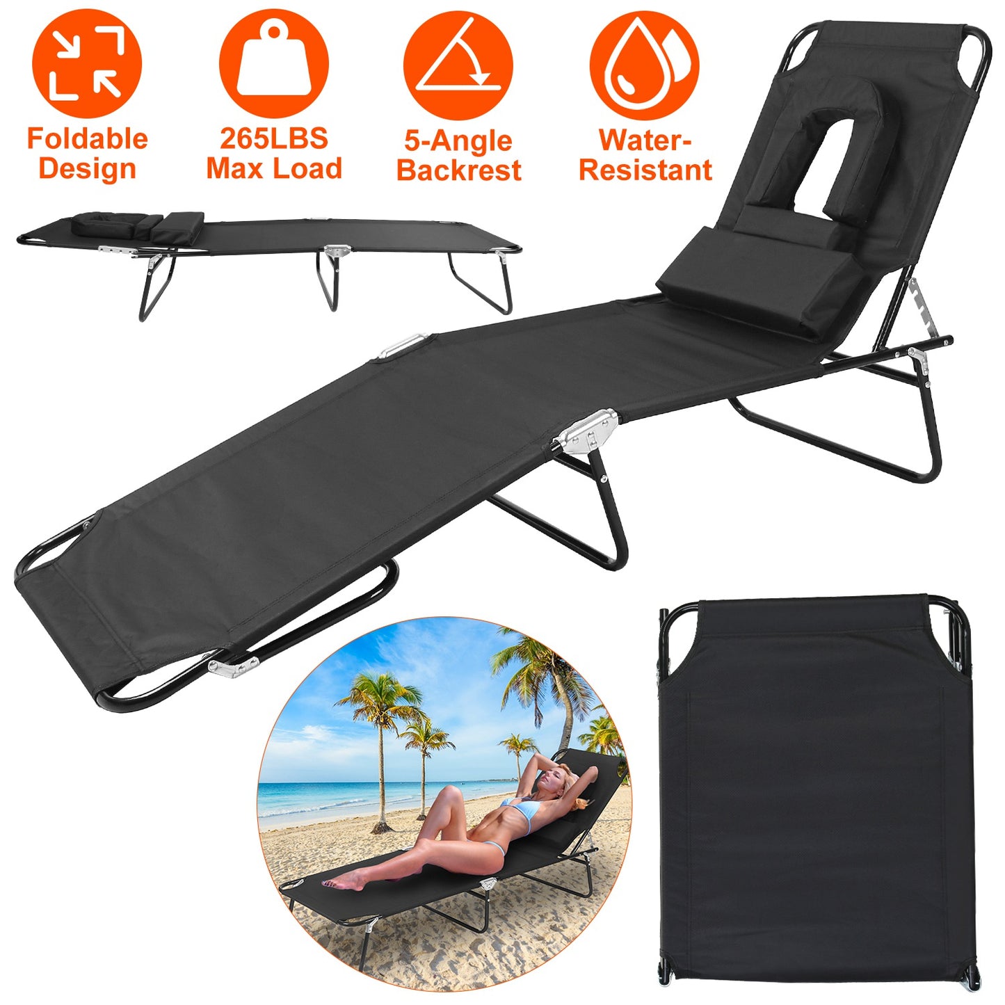 Folding Beach Lounge Chair Face DownÊTanning Chaise Sunbathing Recliner 265LBS Max Load with 5-Angle Backrest 3 Removable Pillows for Beach Pool Lawn