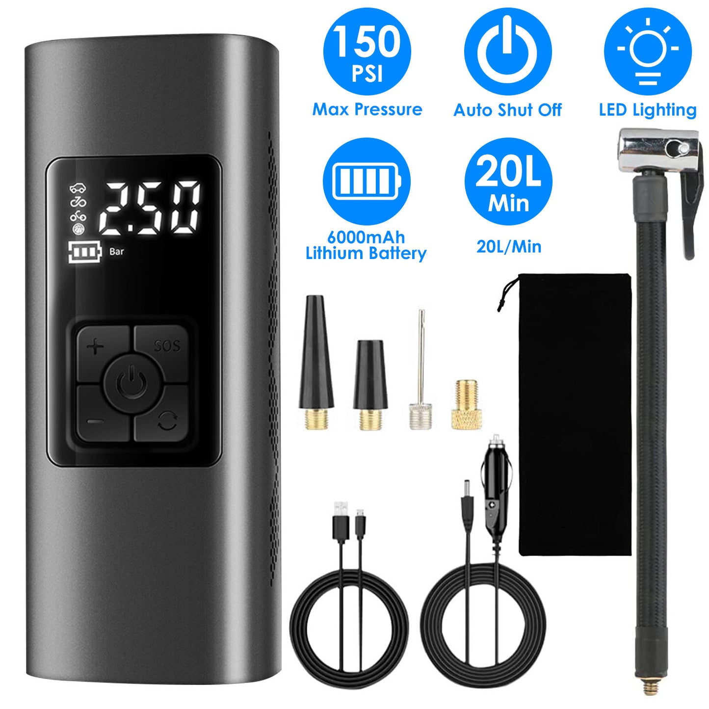 150PSI Cordless Car Tire Pump 6000mAh Rechargeable Tire Inflator Portable Air Compressor for Car Bike Motorcycle Ball