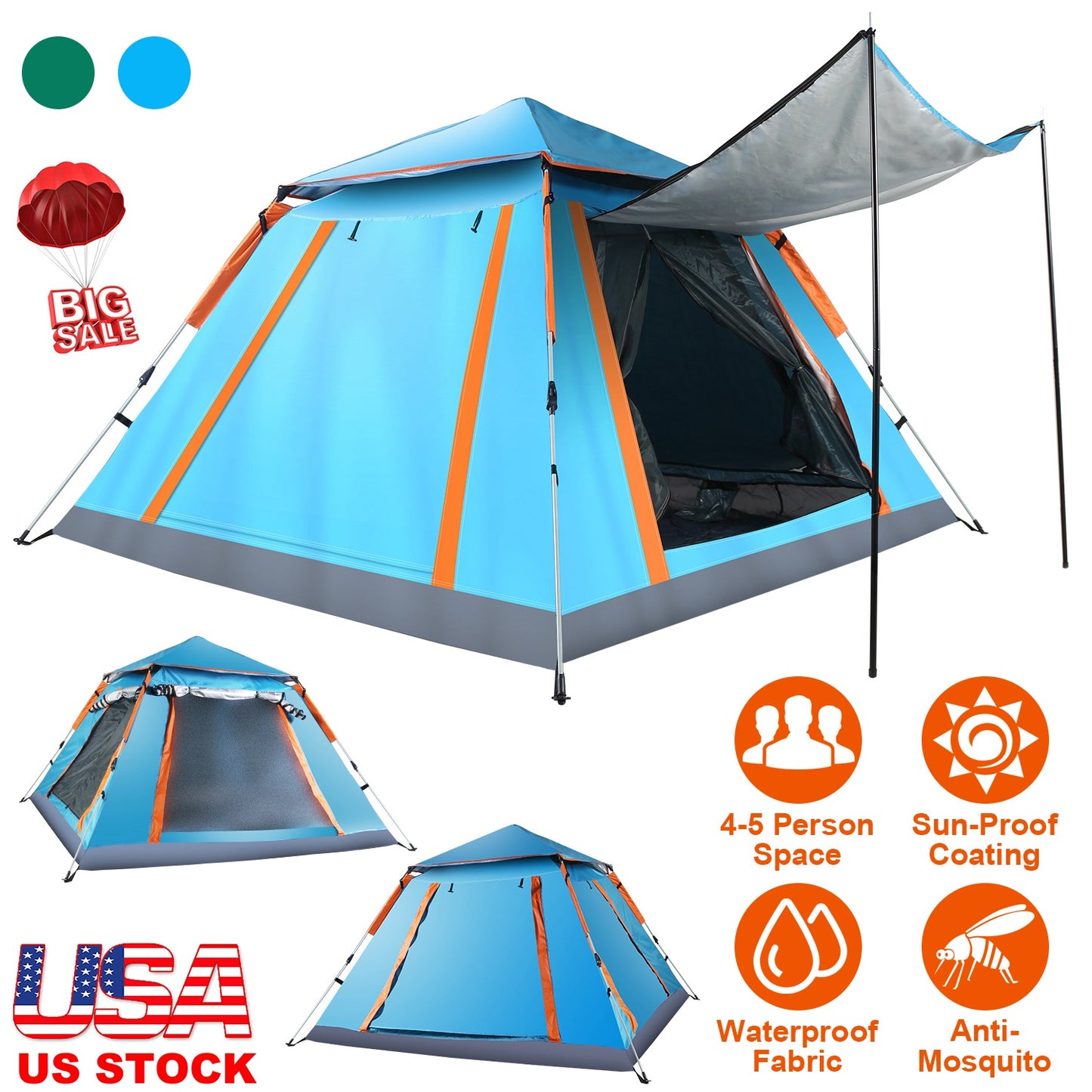 4-5 Person Camping Tent Outdoor Foldable Waterproof Tent with 2 Mosquito Nets Windows Carrying Bag for Hiking Climbing Adventure Fishing