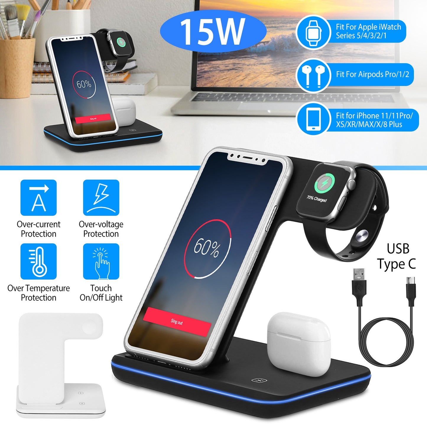Wireless Charger 3 in 1 Charger Stand 15W Fast Charging Station Dock for iWatch Series 5/4/3/2/1 AirPods iPhone 11/11 Pro/Xs/X Max/XR/X/8/8Plus Samsun