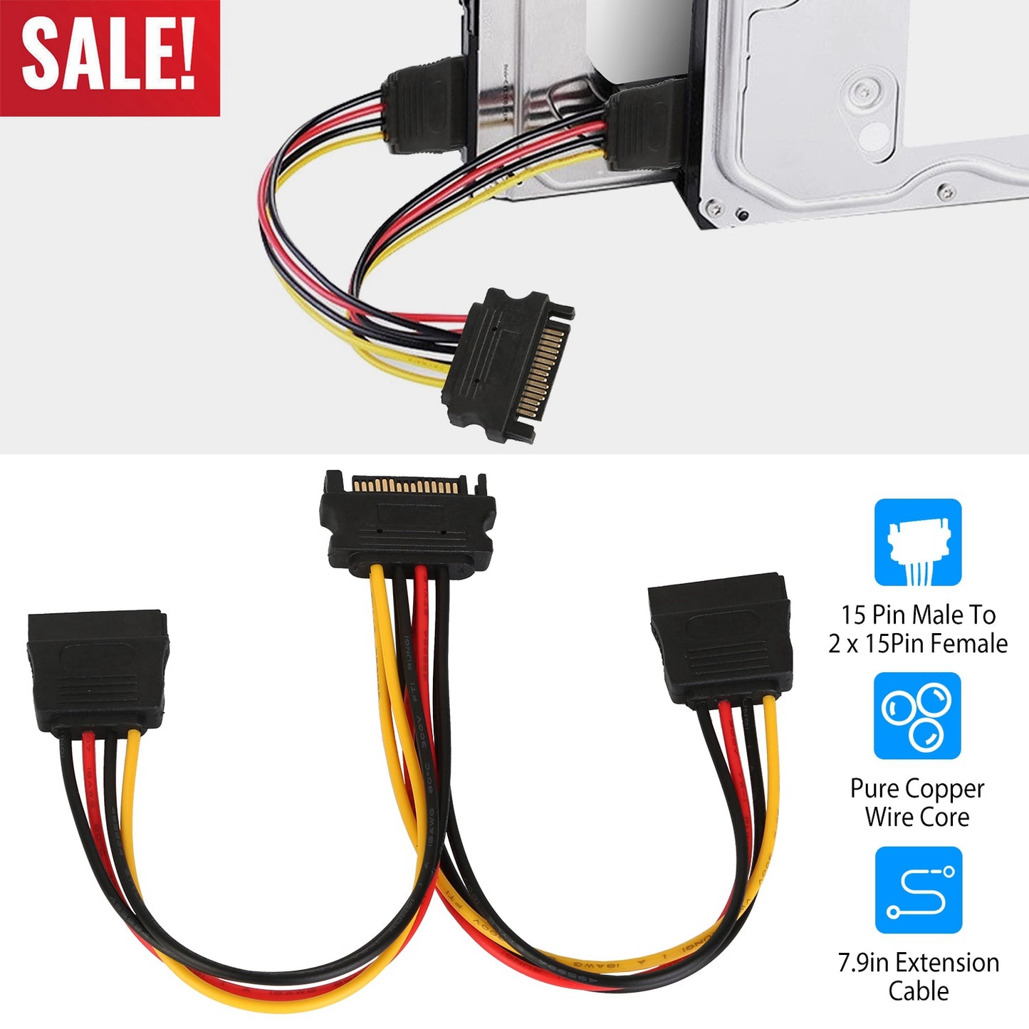 15 Pin Y Splitter Cable Adapter Male To Female Converter Cord for Hard Drive