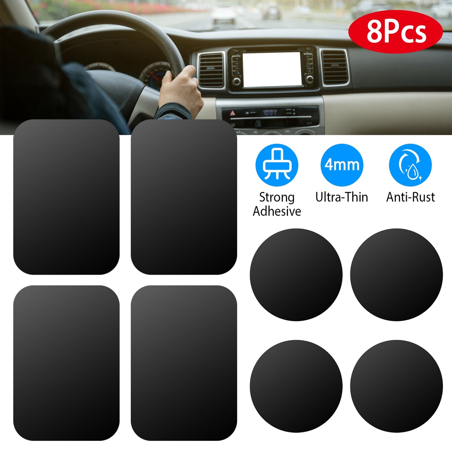 8Pcs UniversalÊMetal Plates with Strong Adhesive 4Pcs Round and 4Pcs Rectangle Metal Plates for Magnetic Car Mount Phone Holder