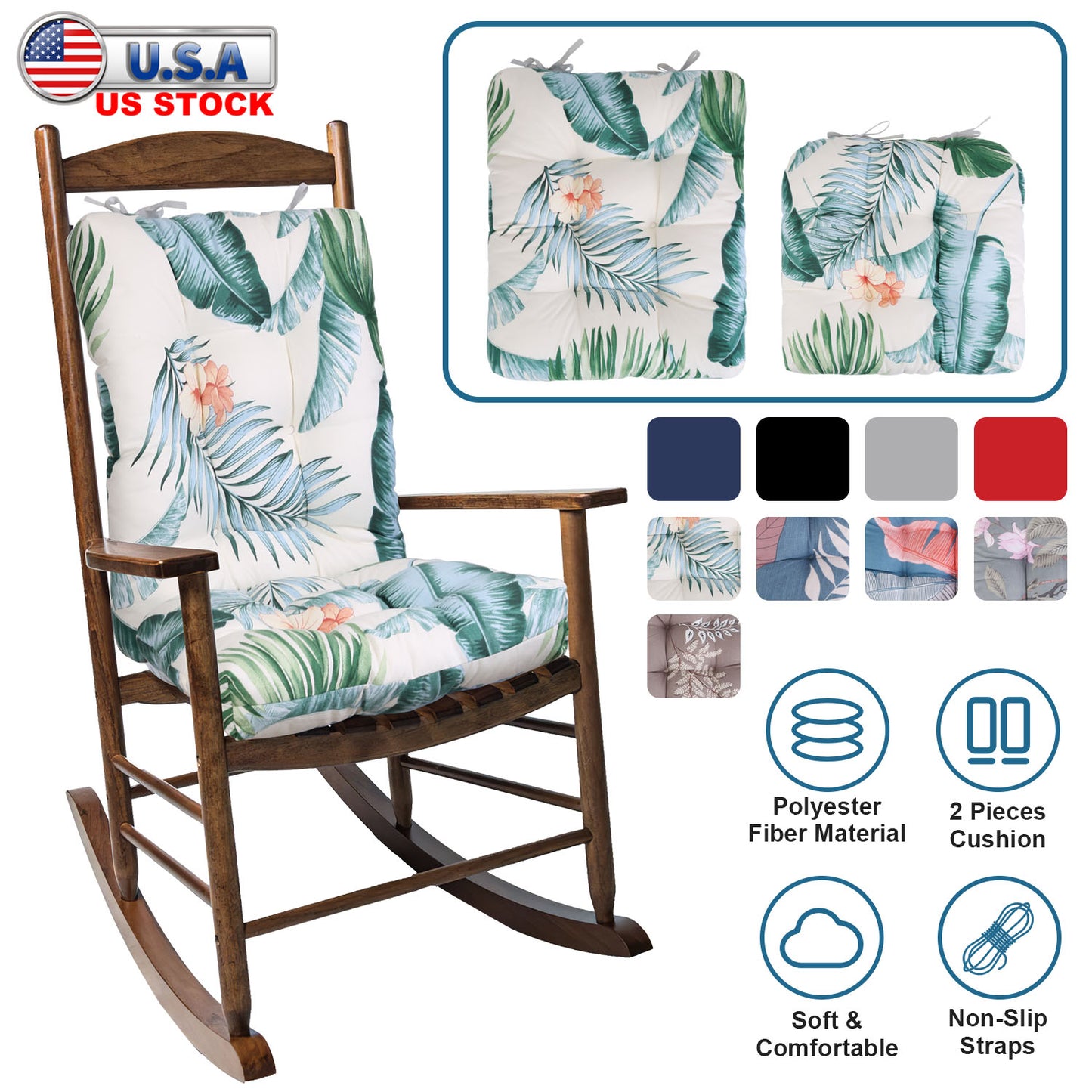 Rocking Chair Cushion 2 Pieces Back Seat Sets with Non-Slip Ties Polyester Fiber Filling Comfortable Cushions and Pads for Indoor Home Office Car