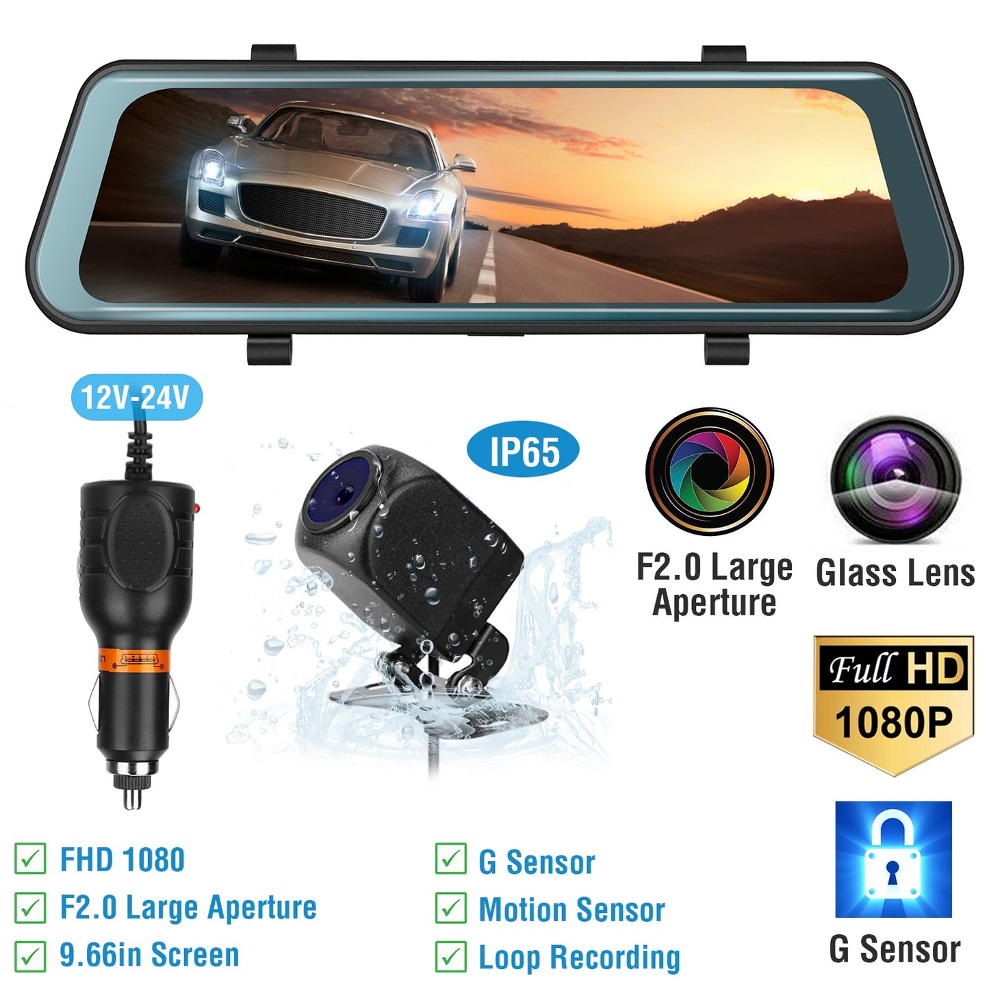 FHD 1080P Car DVR Dash Camera 9.66In Vehicle Driving Recorder w/ G Sensor Parking Monitoring Seamless Recording