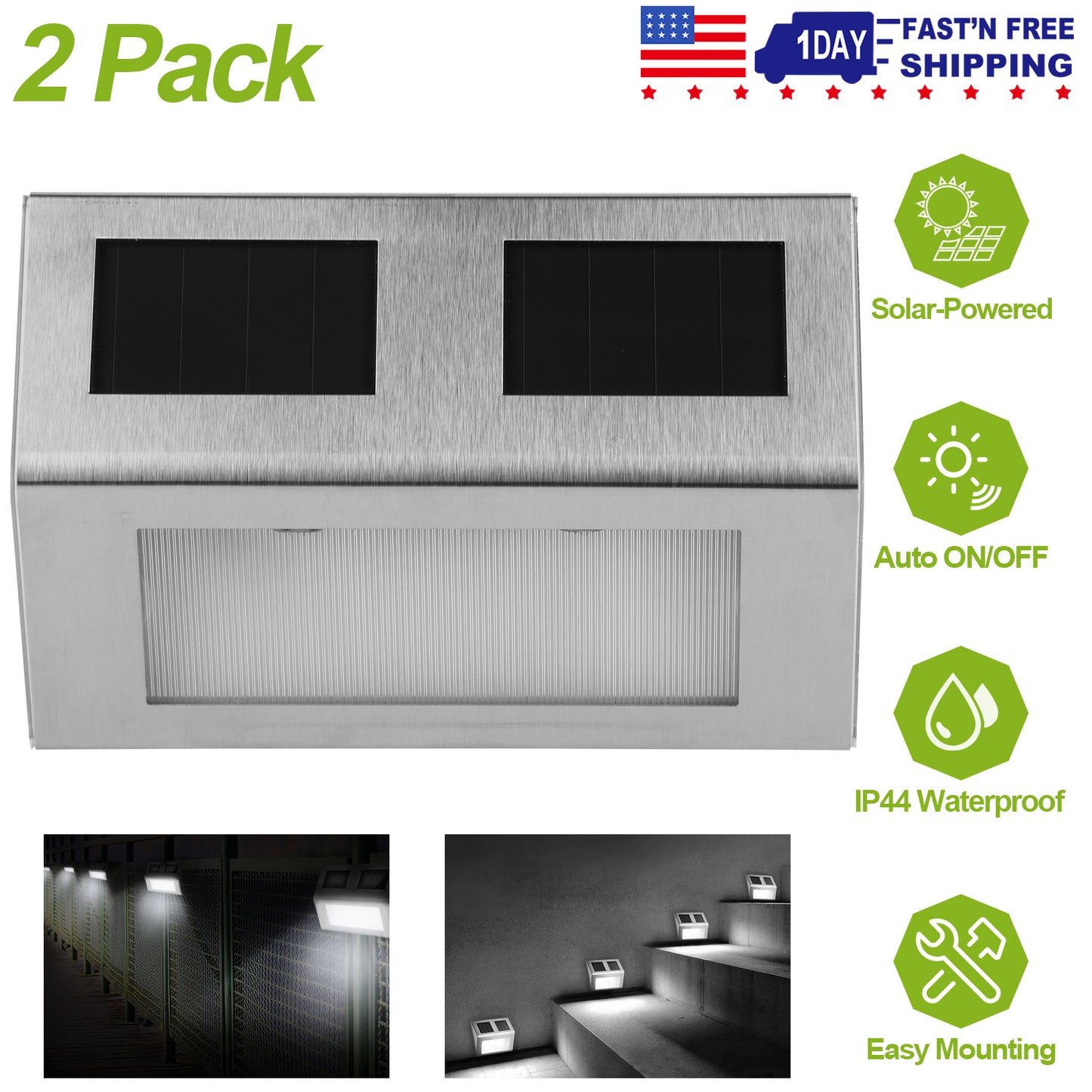 2 Pack Solar Light 2 LEDs Wall Lamp Stair Step Outdoor Waterproof Security Light with Auto On/Off for Stairs Fence Garden Landscape Lighting