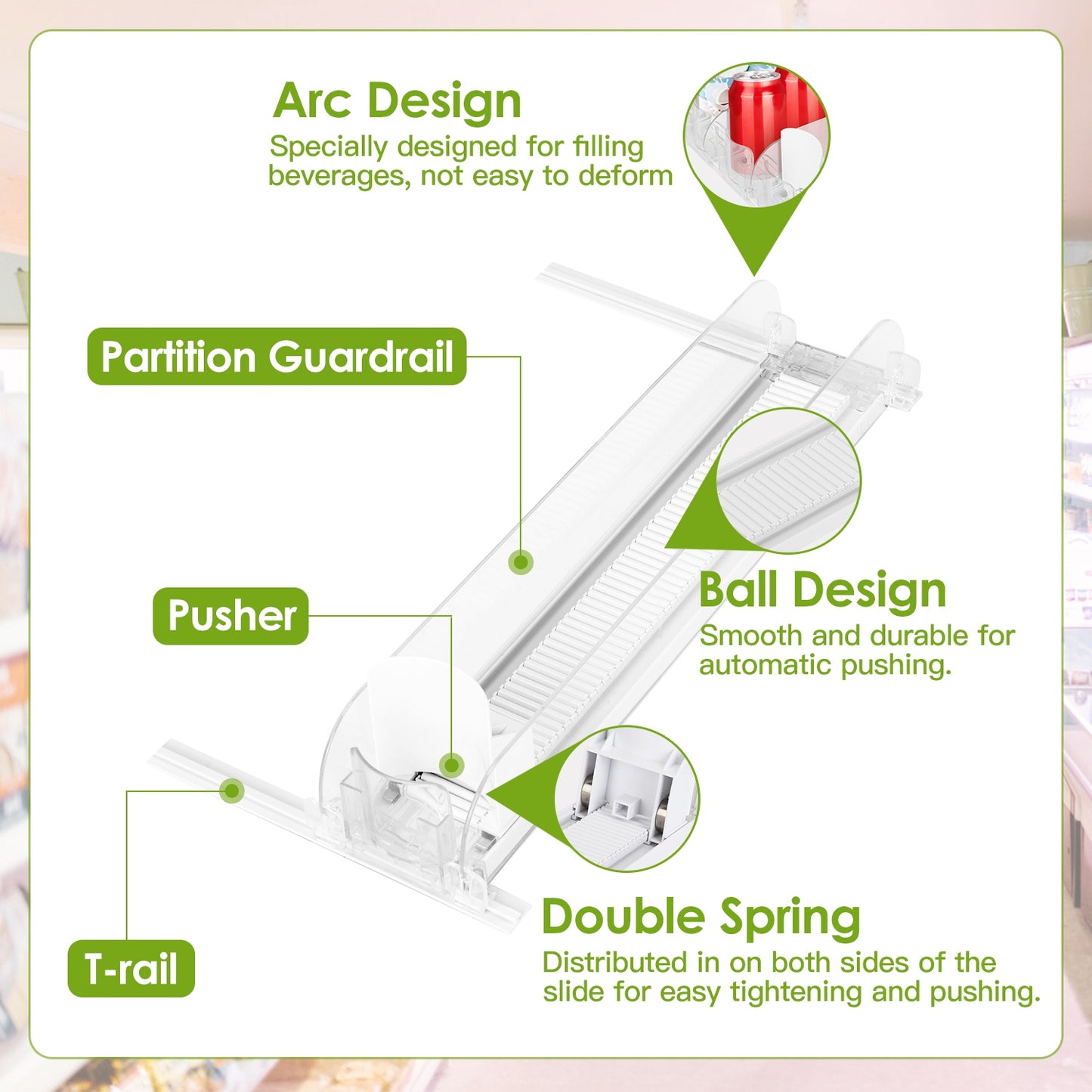 Drink Organizer for Fridge Spring Loaded Beverage Dispenser Width Adjustable Drink Holder with Automatic Pusher Glide 5 Rows Hold up to 25 Cans Bottle