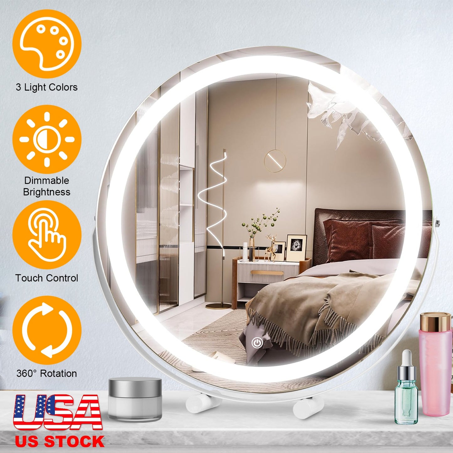 19Inch Large Round Vanity Makeup Mirror With LED Halo Light 3 Lighting Colors Dimmable Brightness Touch Control 360¡ Rotation High-Definition Lighted