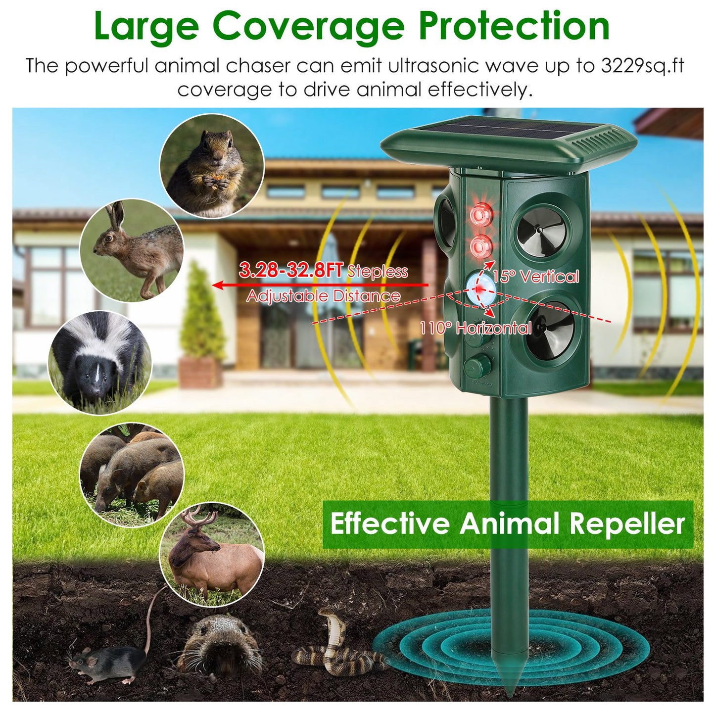 Solar Ultrasonic Animal Repeller Solar Powered Animal Repellent Chaser with PIR Motion Sensor IP54 Waterproof Sound Flashing Light for Deer Raccoon Sq