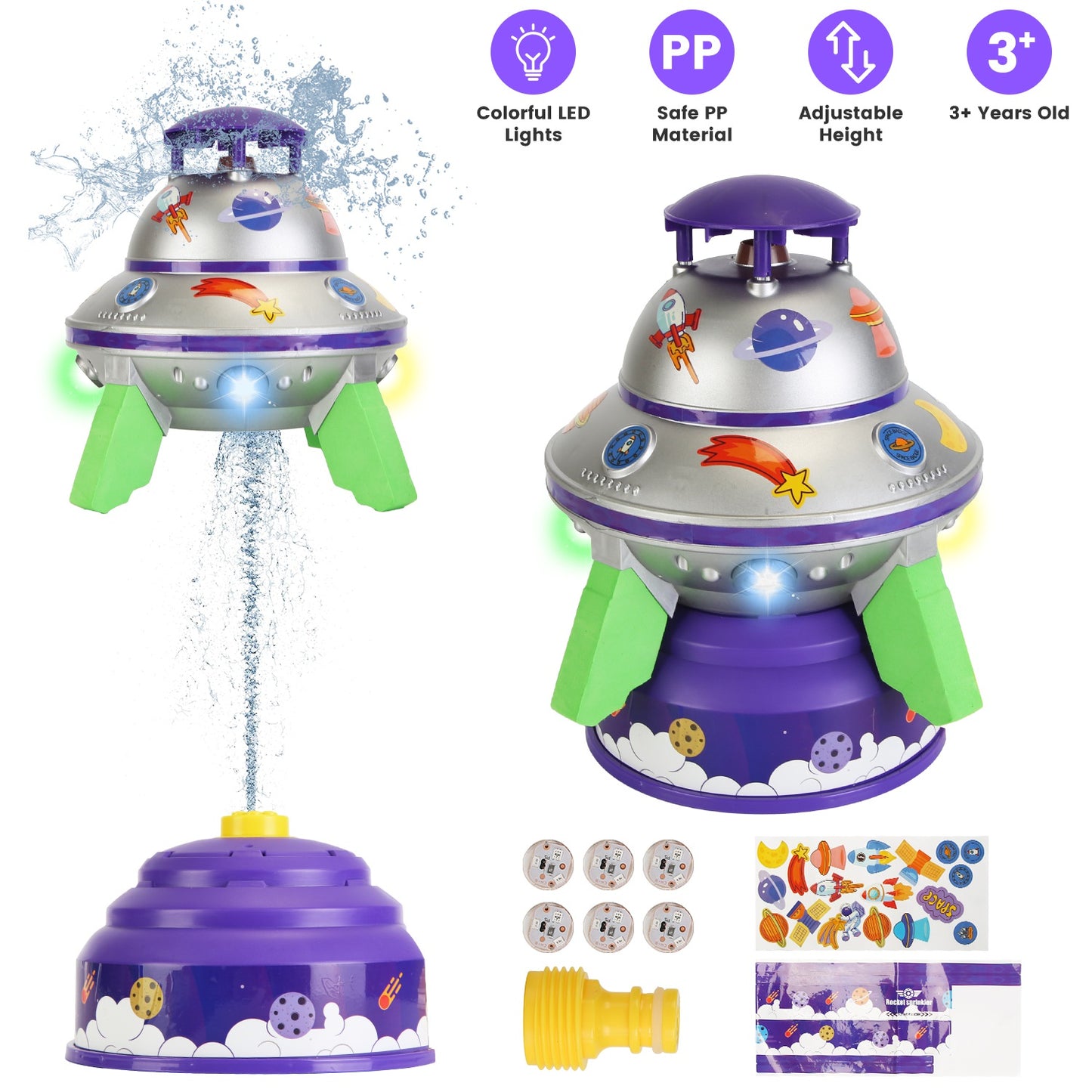 UFO Water Sprinkler Outdoor Summer Rocket Toy With Colorful LED Lights 360¡ Spinning 1.64FT To 6.56FT Adjustable Height Birthday Summer Gift For Girls