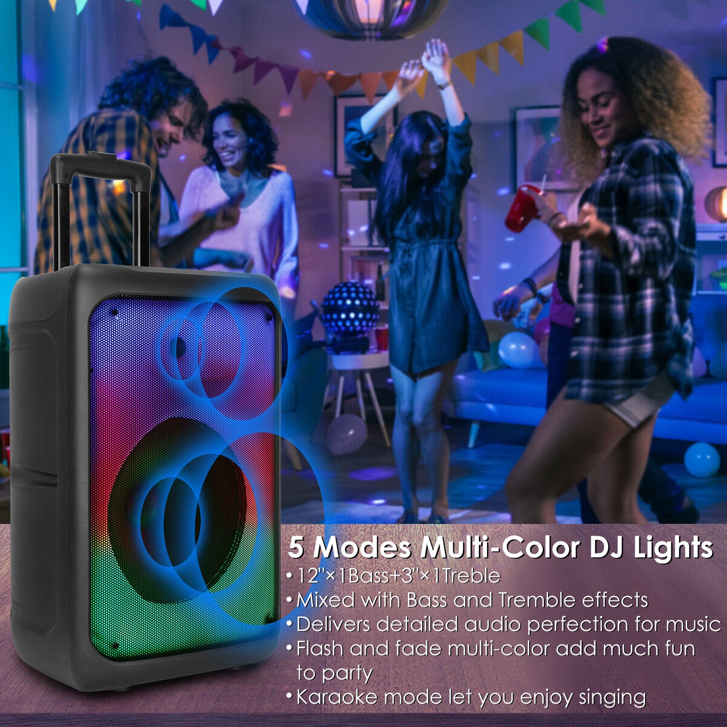 Portable Wireless Party Speaker Party Speaker with with 5 Colorful Lighting Modes TWS FM USB MMC Slot Aux In Recording Mic Priority Trolley Handle 2 W