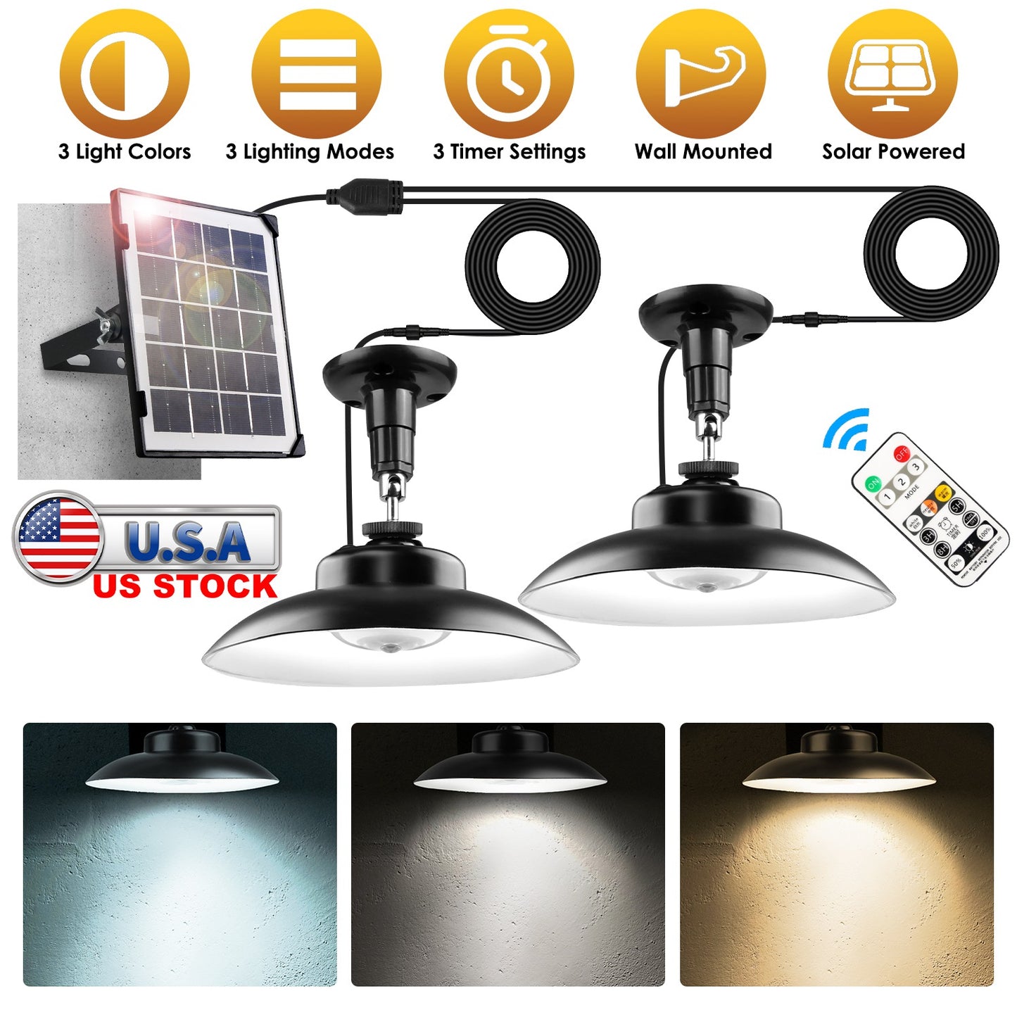 2Pack Solar Shed Lights with Separate Panel Wall Mounted Solar Pendant Light Indoor Outdoor with Remote Timer 3 Modes 3 Light Colors IP 55 Waterproof