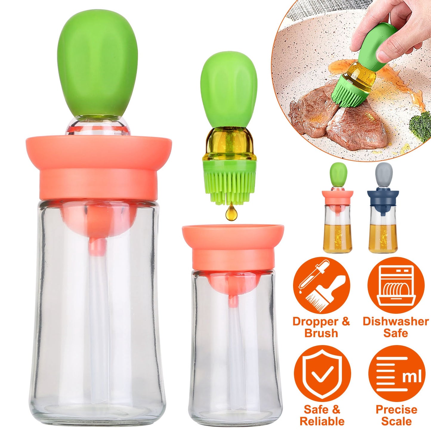 Oil Dispenser Bottle 2 In 1 Cooking Glass Olive Oil Dispenser Silicone Dropper with Silicone Brush Dropper Measuring Container for Kitchen Baking BBQ